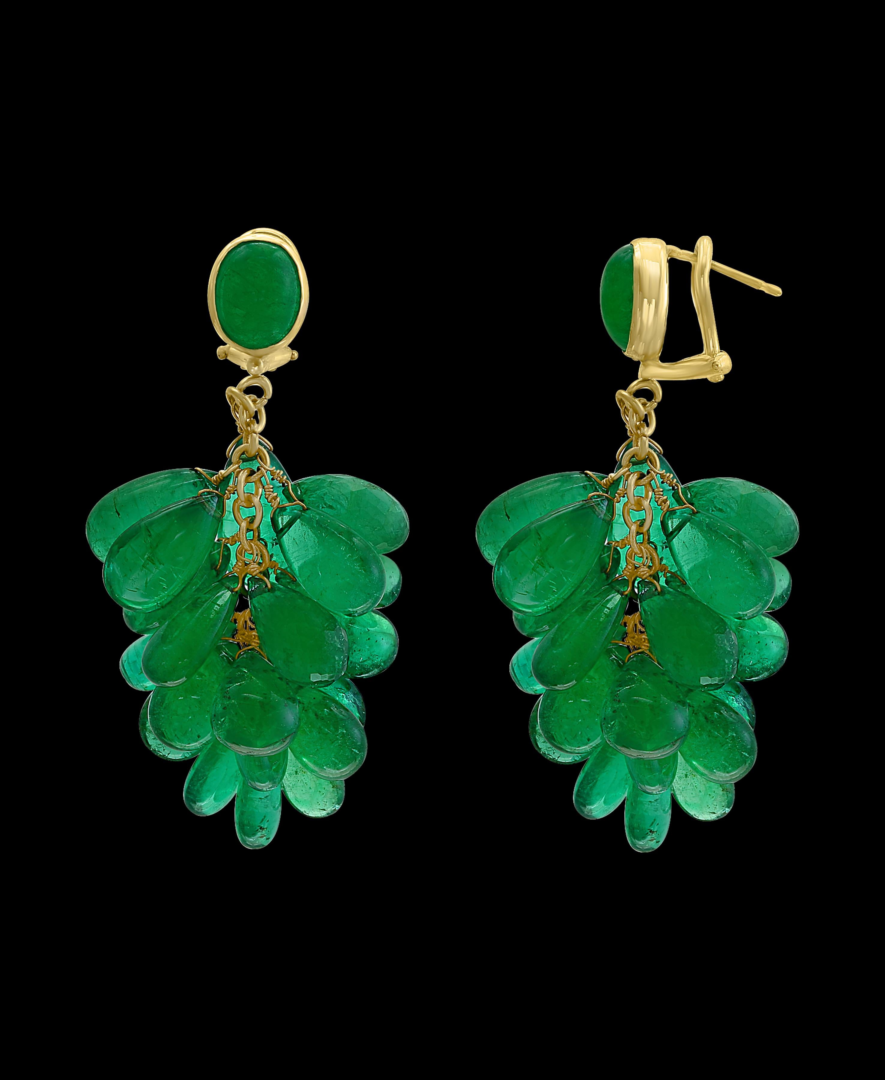 Briolette Cut 140 Carat Colombian Emerald Briolettes Hanging Drop Earrings 18 Karat Gold For Sale