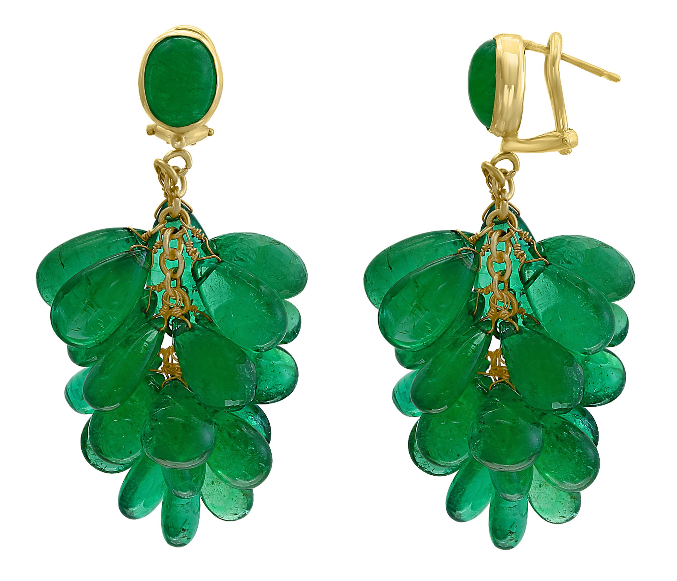 Women's 140 Carat Colombian Emerald Briolettes Hanging Drop Earrings 18 Karat Gold For Sale