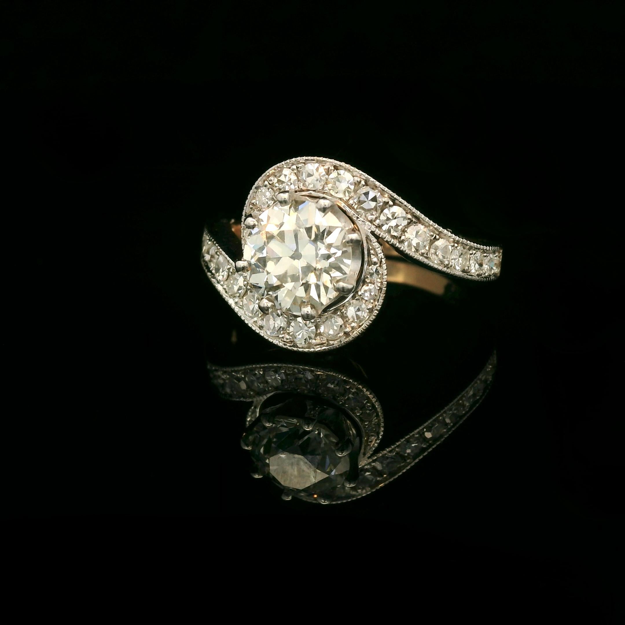 Old European Cut 1.40 Carats Diamond tourbillon ring For Sale