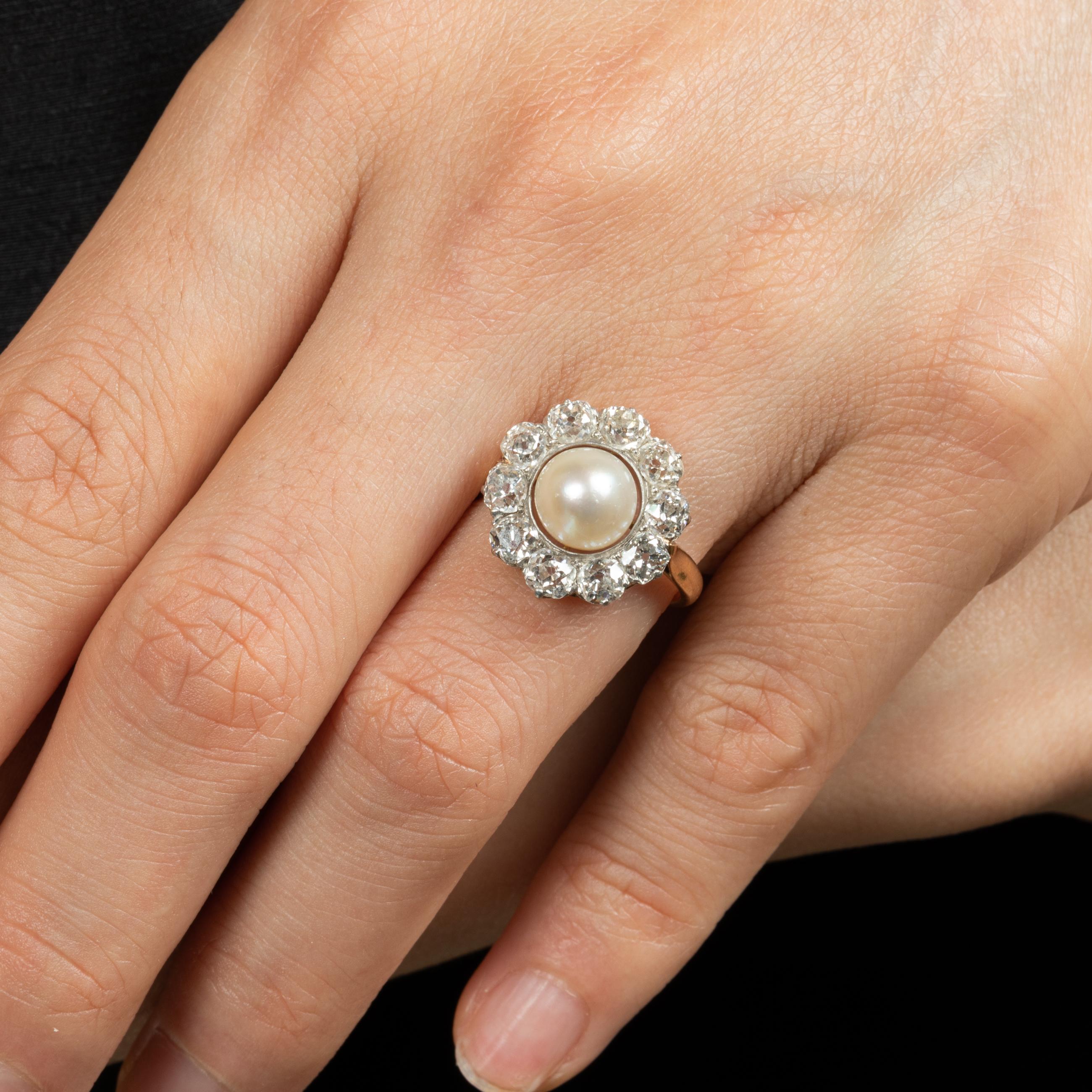 1,40 Karat Diamanten und natürliche Perlen Antiker Belle Epoque Ring im Angebot 2