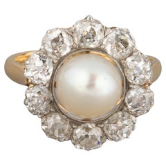 1.40 Carats Diamonds and Natural Pearl Antique Belle Epoque Ring