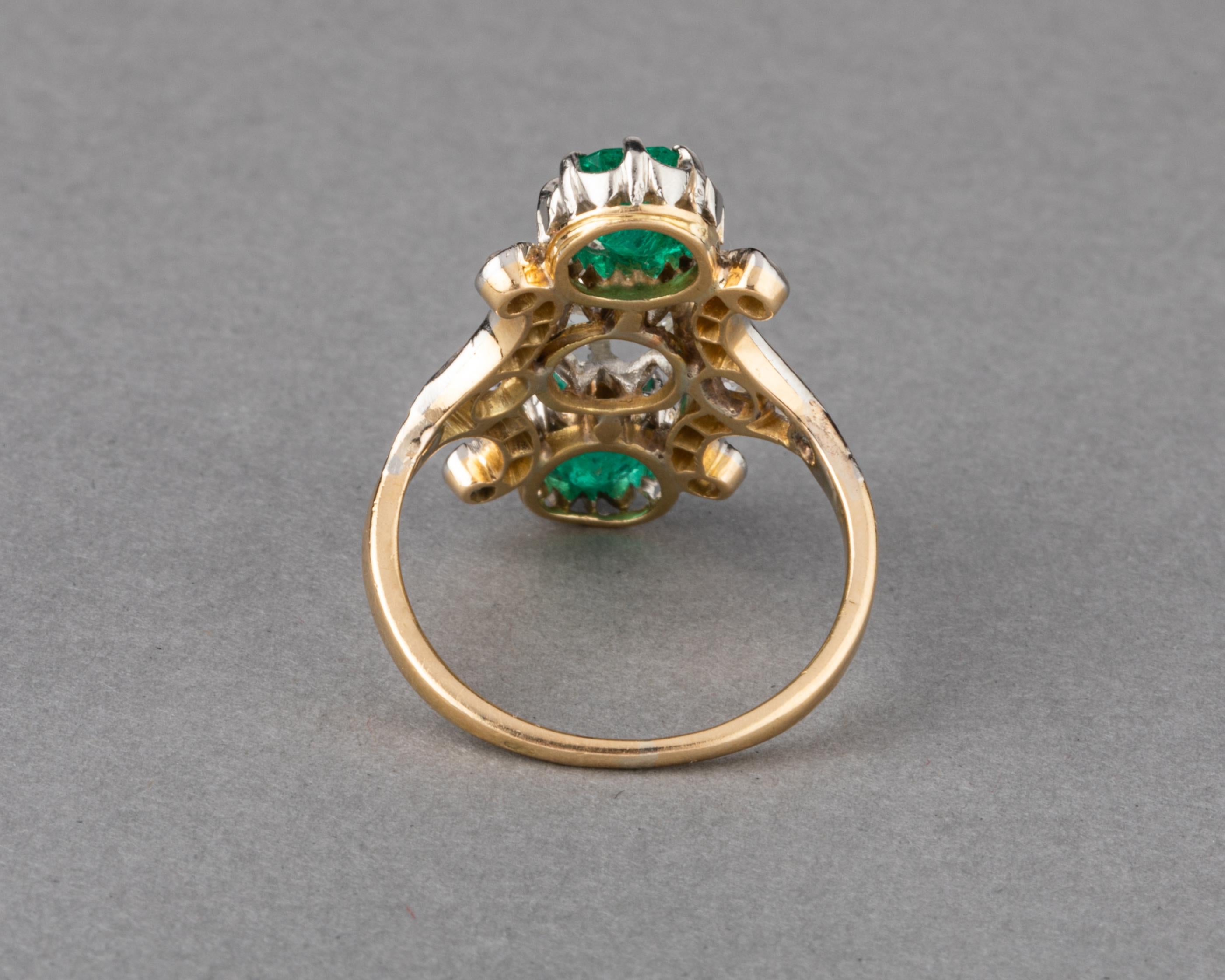 Old European Cut 1.40 Carats Emeralds and 1.10 Carat Diamonds French Antique Ring For Sale