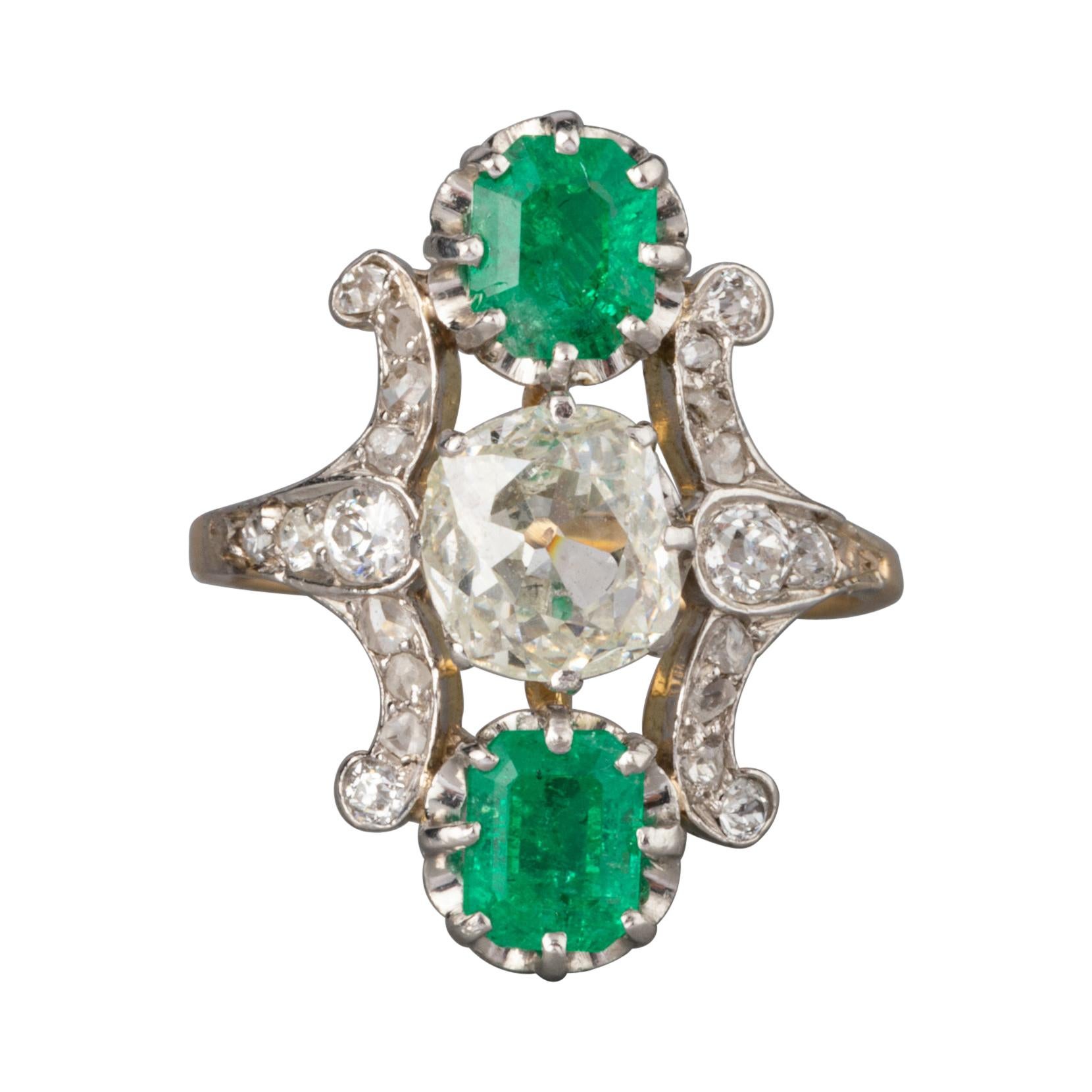 1.40 Carats Emeralds and 1.10 Carat Diamonds French Antique Ring For Sale
