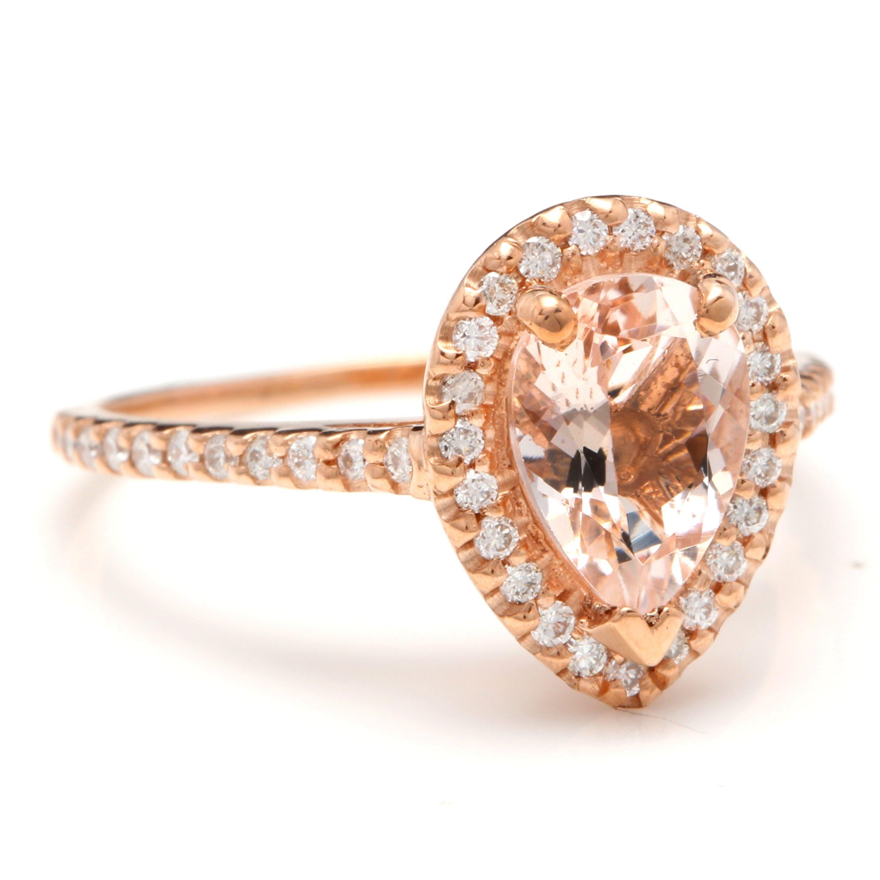 1.40 Carats Exquisite Natural Morganite and Diamond 14K Solid Rose Gold Ring

Total Natural Pear Shaped Morganite Weights: Approx. 1.00 Carats

Morganite Measures: Approx. 9.00 x 6.00mm

Morganite Treatment: Heat

Natural Round Diamonds Weight: