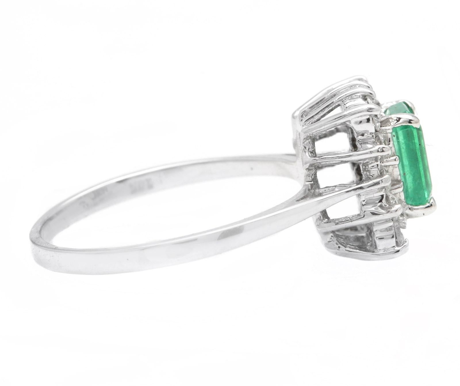 Mixed Cut 1.40 Carats Natural Emerald and Diamond 14K Solid White Gold Ring For Sale