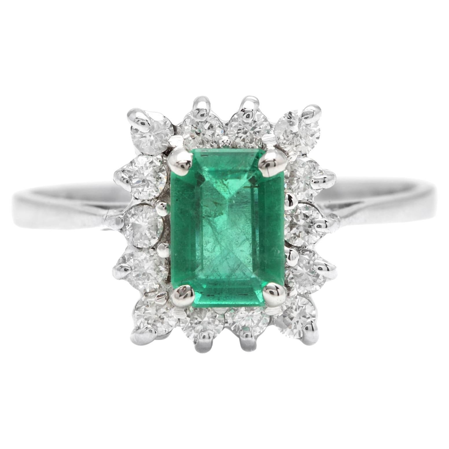 1.40 Carats Natural Emerald and Diamond 14K Solid White Gold Ring