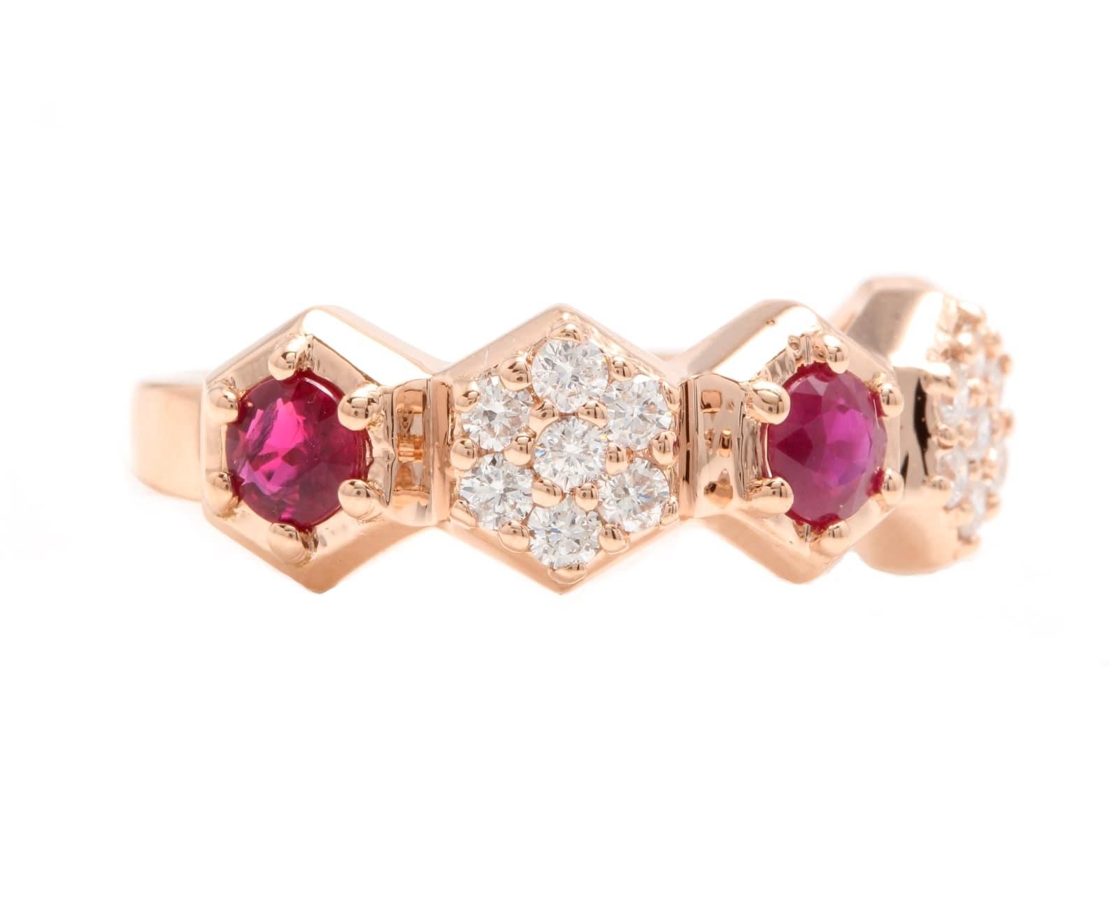 1.40 Carats Impressive Natural Ruby and Natural Diamond 14K Solid Rose Gold Ring

Suggested Replacement Value: Approx. $4,000.00

Total Natural Red Ruby Weight is: Approx. 1.00 Carat

Ruby Treatment: Heat 

Natural Round Diamonds Weight: Approx.