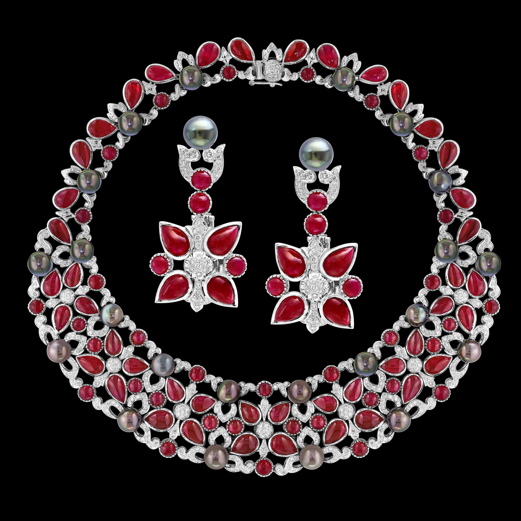 GIA Certified 140 Ct Burma Ruby, Tahitian Pearl & Diamond Necklace Suite 18KWG en vente 8