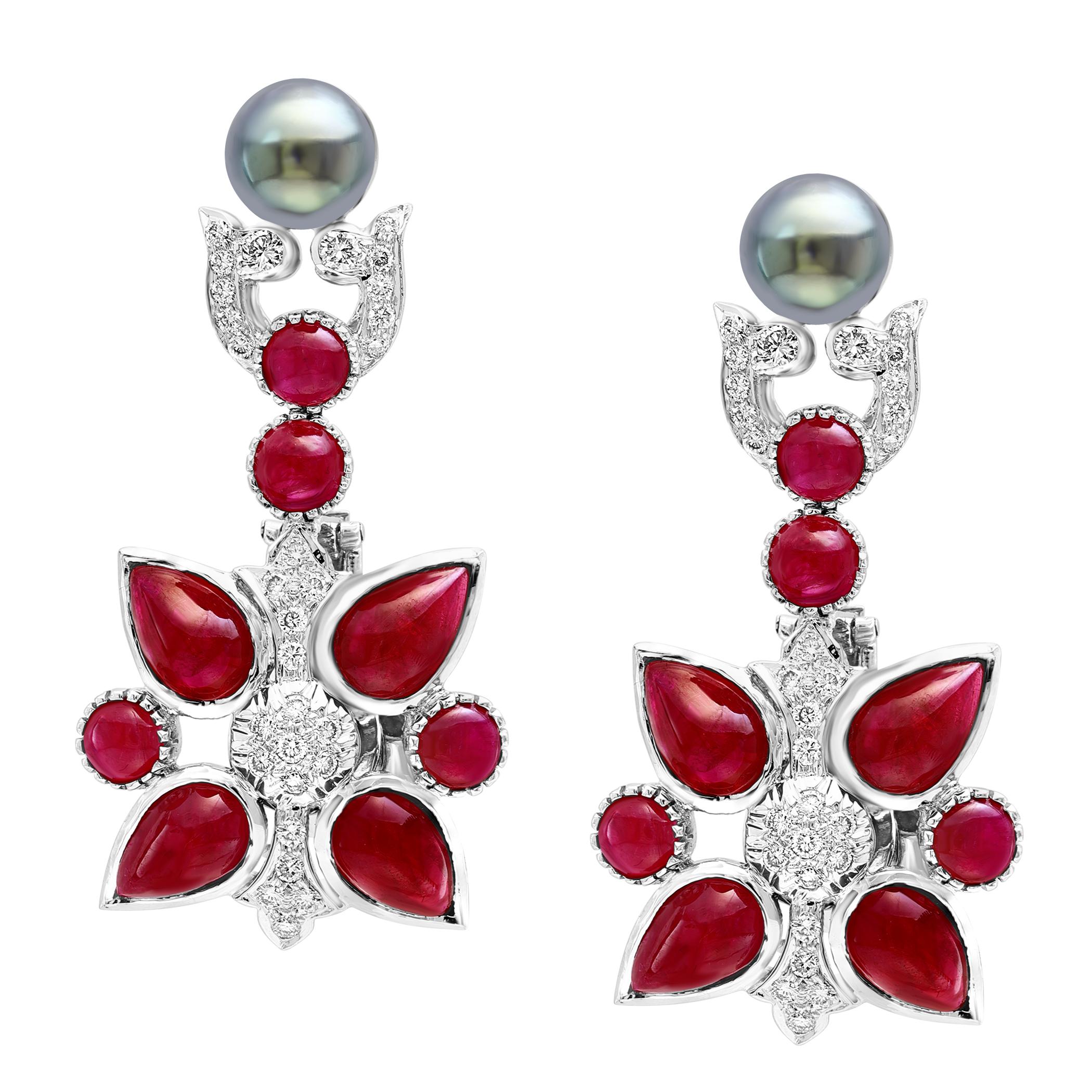 GIA Certified 140 Ct Burma Ruby, Tahitian Pearl & Diamond Necklace Suite 18KWG en vente 10