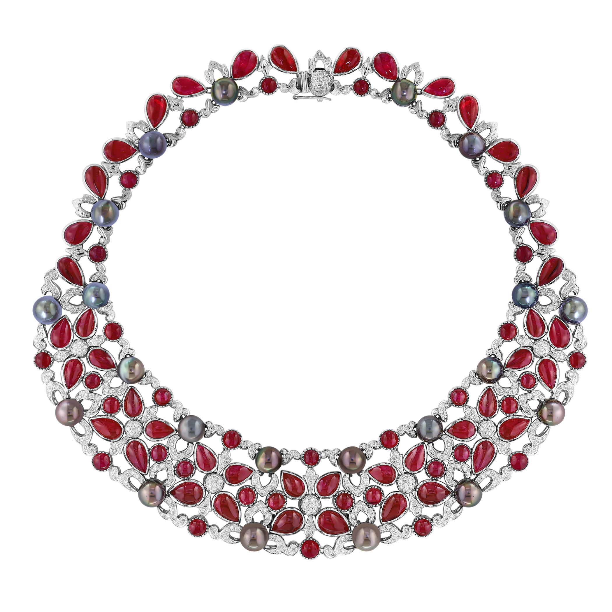 GIA Certified 140 Ct Burma Ruby, Tahitian Pearl & Diamond Necklace Suite 18KWG en vente 11