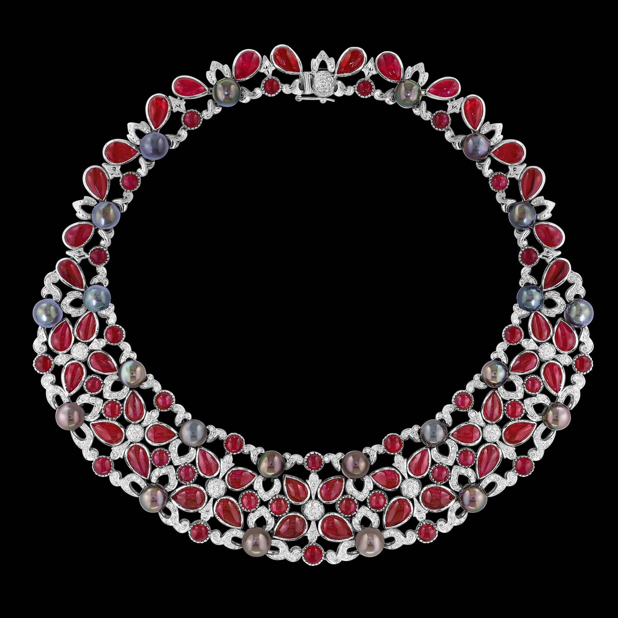 GIA Certified 140 Ct Burma Ruby, Tahitian Pearl & Diamond Necklace Suite 18KWG For Sale 10