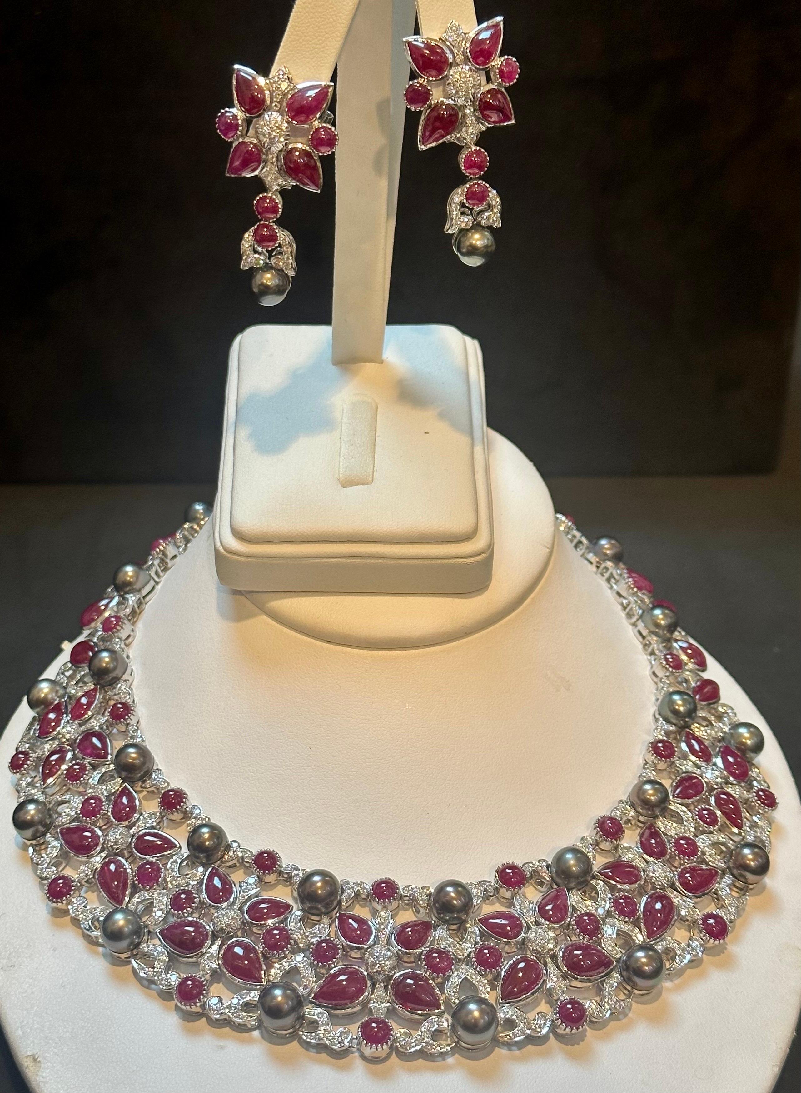 GIA Certified 140 Ct Burma Ruby, Tahitian Pearl & Diamond Necklace Suite 18KWG In Excellent Condition For Sale In New York, NY
