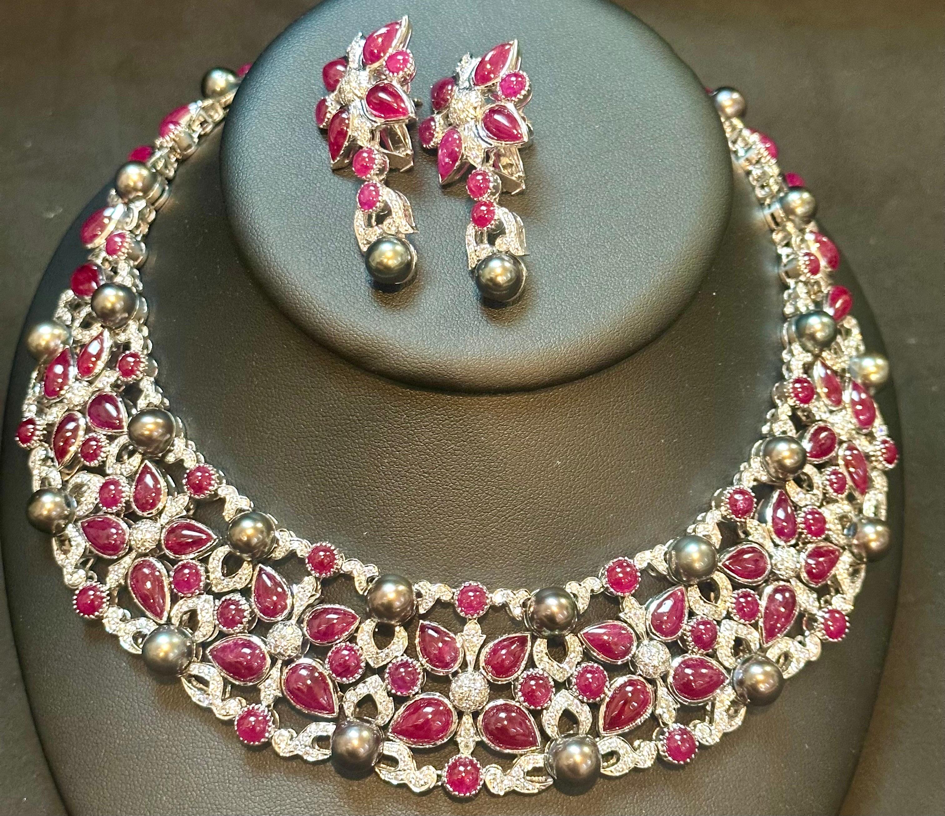 GIA Certified 140 Ct Burma Ruby, Tahitian Pearl & Diamond Necklace Suite 18KWG For Sale 1