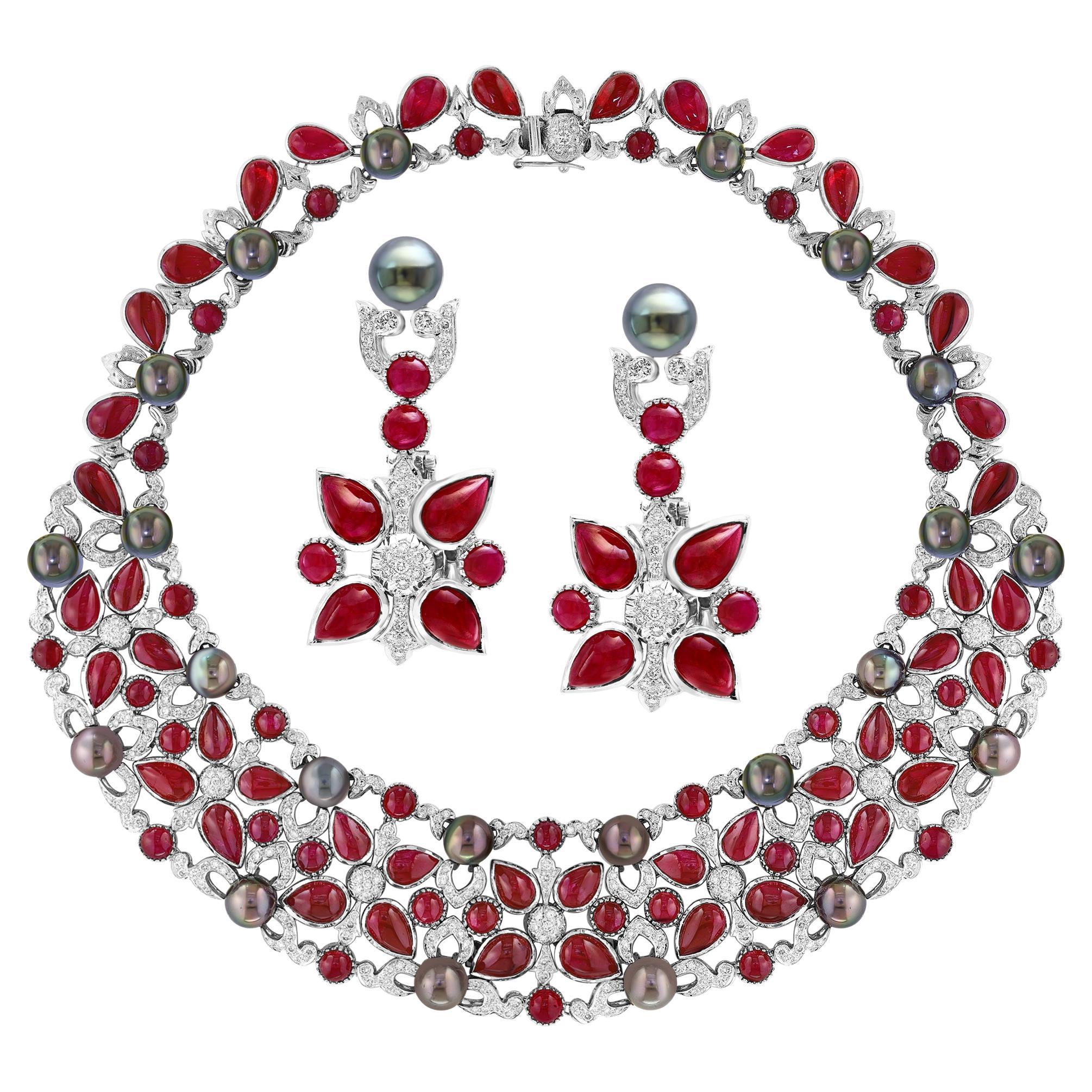 GIA Certificado 140 Ct Rubí de Birmania, Perla de Tahití y Collar de Diamantes Suite 18KWG