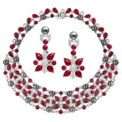 GIA Certified 140 Ct Burma Ruby, Tahitian Pearl & Diamond Necklace Suite 18KWG