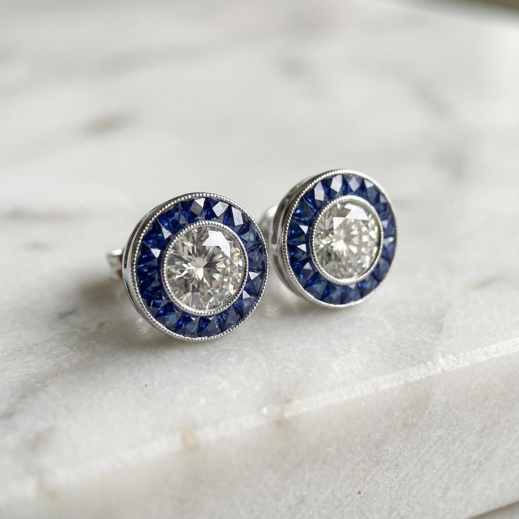Un paio di raffinati orecchini a perno realizzati in oro bianco 18 carati, con un totale di circa 1,40 carati di diamanti a taglio brillante e zaffiri blu intenso. 

Disegnati con un motivo a raggiera Art Deco, questi orecchini offrono simmetria,