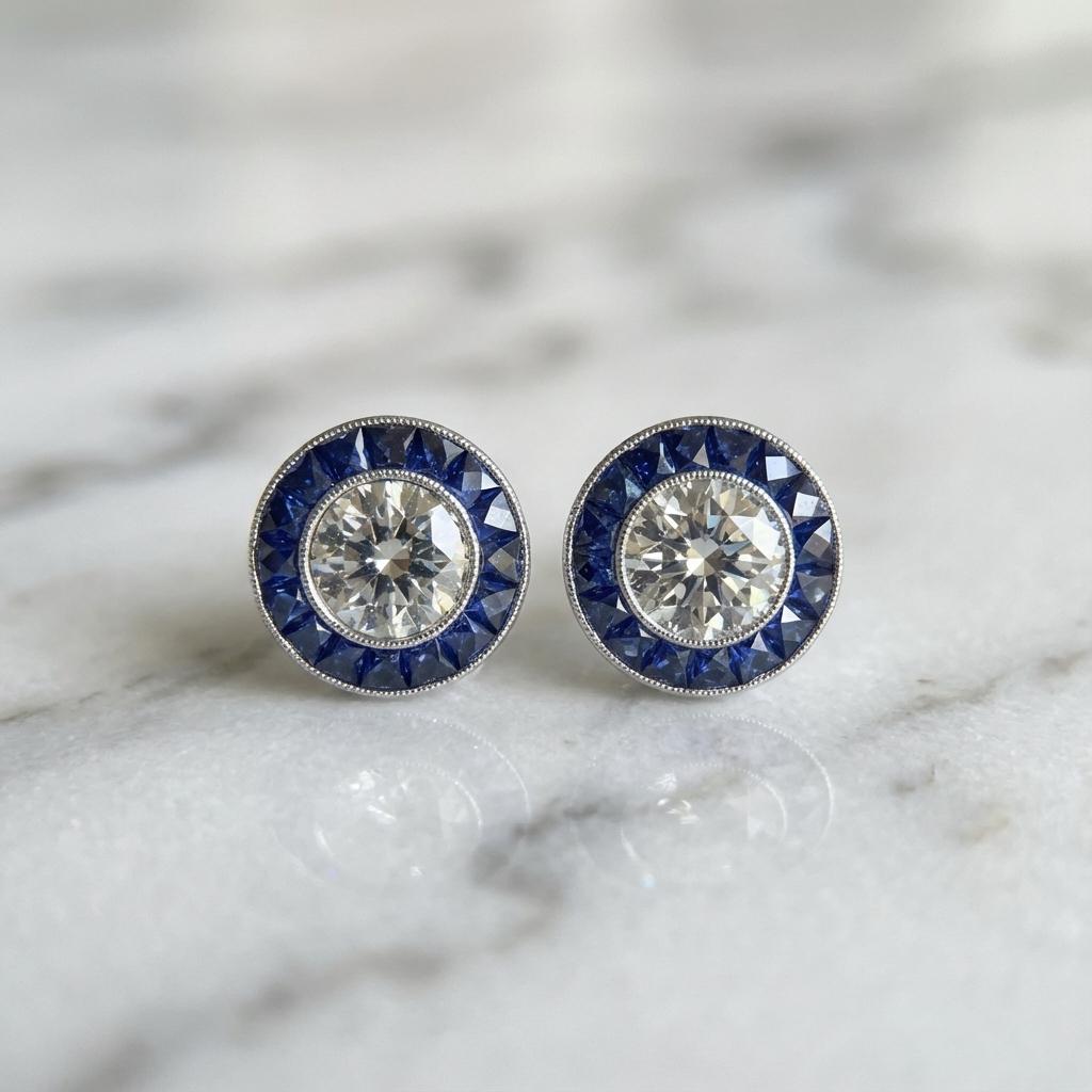 Taglio rotondo Orecchini con diamanti e zaffiri da 1,40 ct certificati GIA in oro bianco 18 carati in vendita
