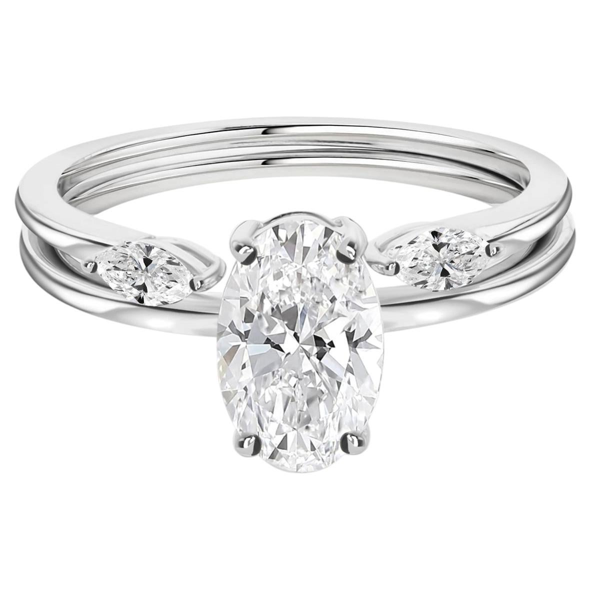 For Sale:  1.40 Ct Natural Oval Diamond Three-Stone Ring Set 18K White Gold