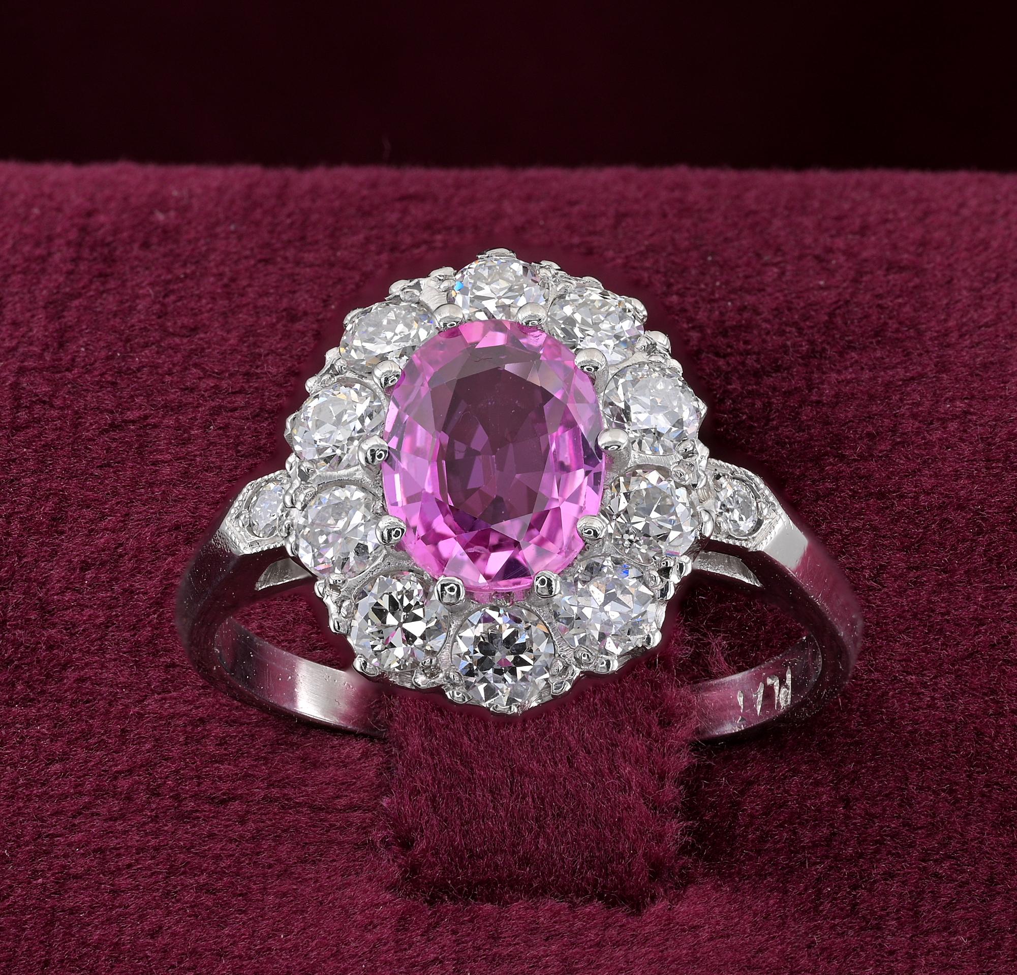 Pink for Ever
This stunning mid century ring would be perfect for engagement of life companion
Beautiful, classy, cluster ring taking the oval shape from the main stone, entirely crafted of solid Platinum, marked
Crown is overwhelmed by immense
