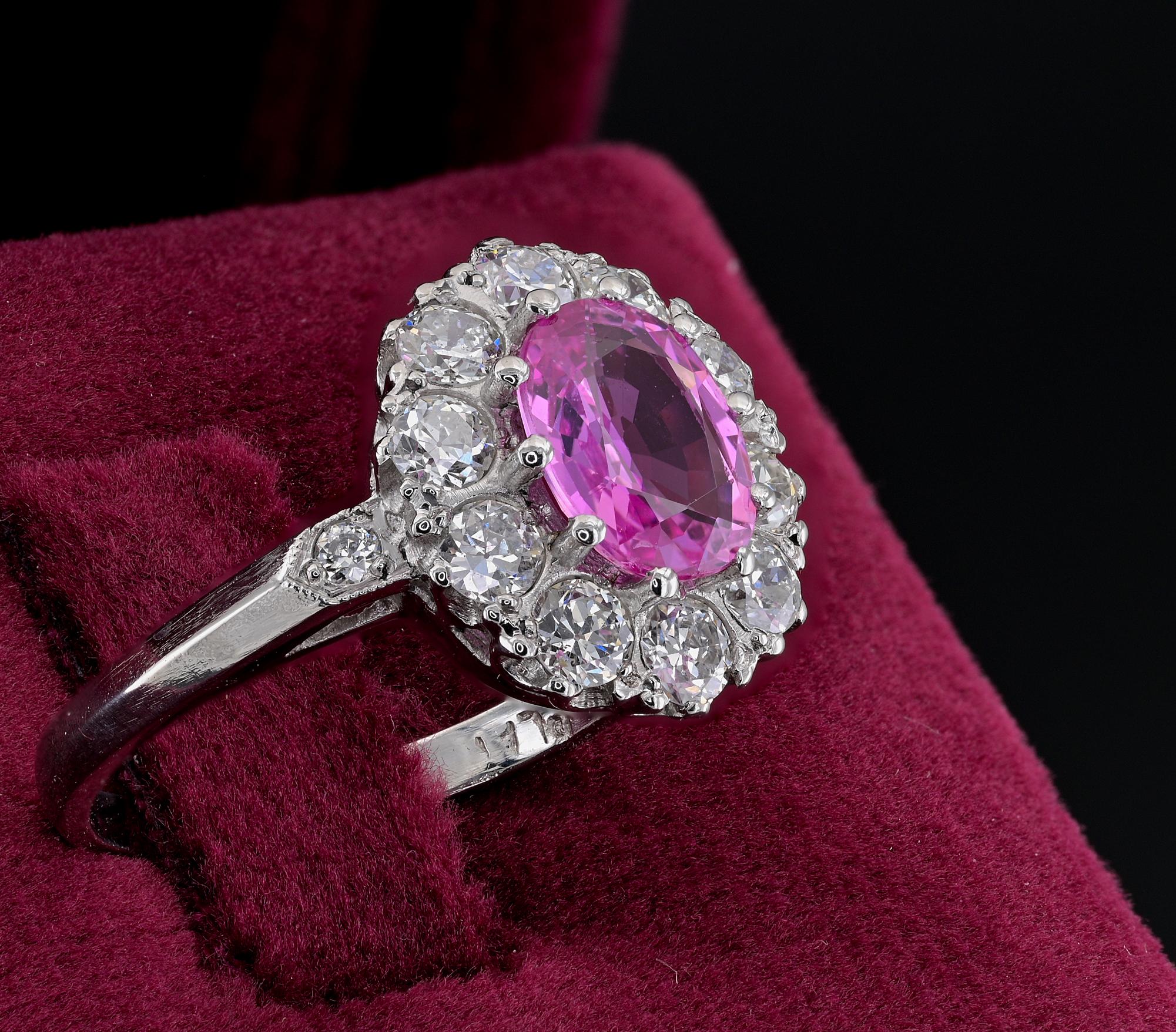 Oval Cut 1.40 Ct Natural Pink Sapphire 1.20 Ct G VVS Diamond Platinum Cluster Ring For Sale