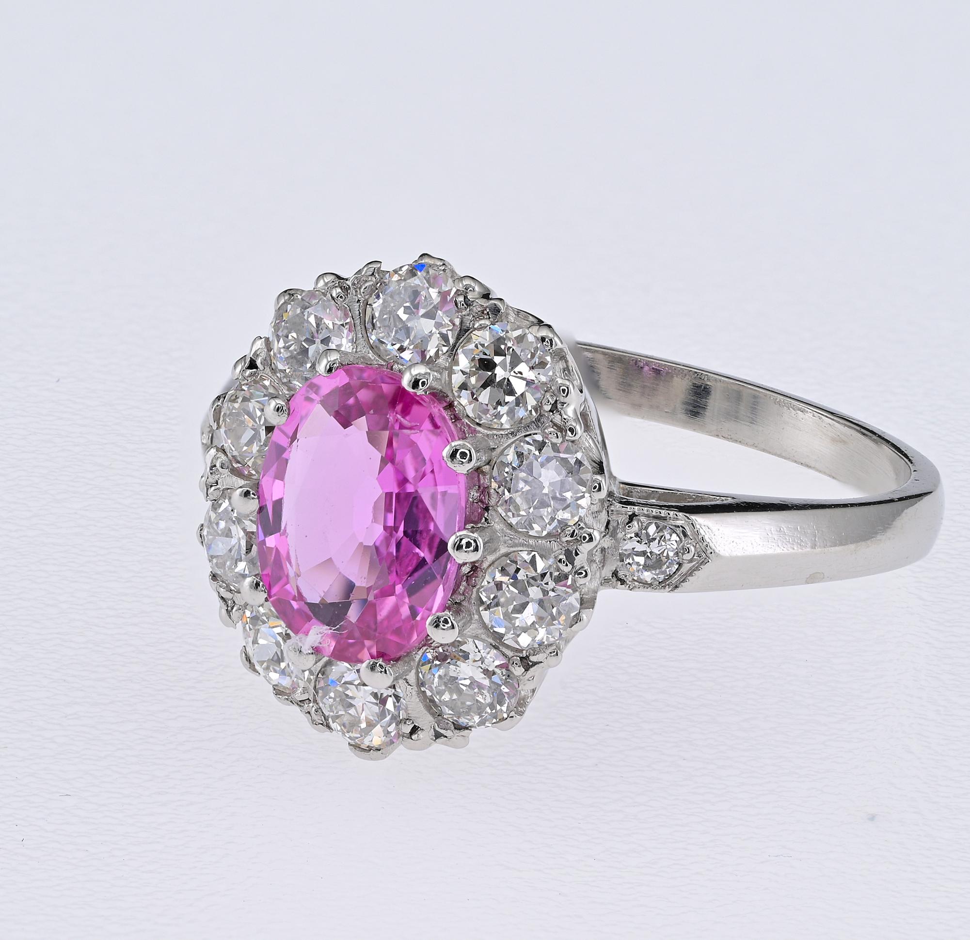 Oval Cut 1.40 Ct Natural Pink Sapphire 1.20 Ct G VVS Diamond Platinum Cluster Ring For Sale