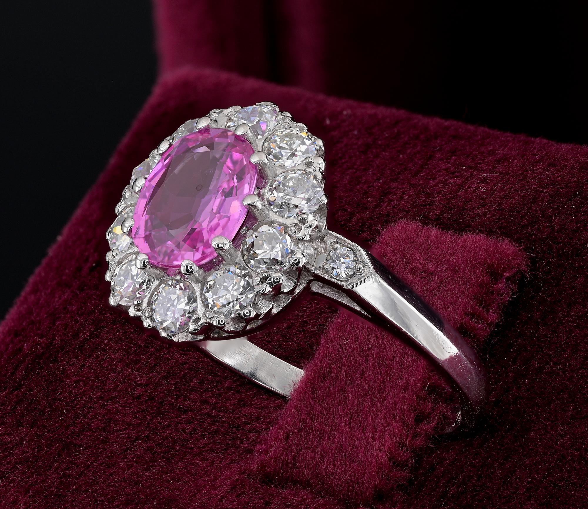 Women's 1.40 Ct Natural Pink Sapphire 1.20 Ct G VVS Diamond Platinum Cluster Ring For Sale