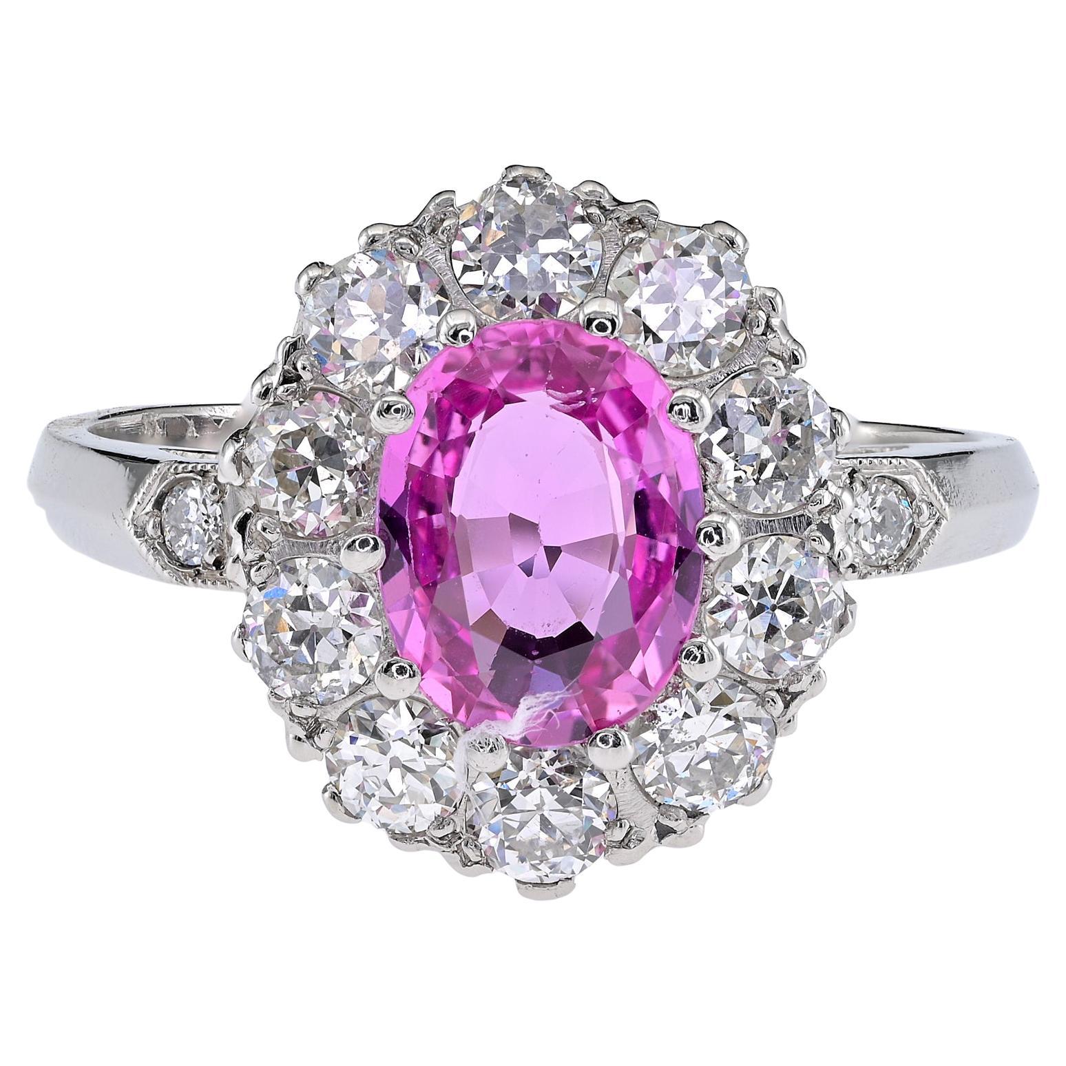 1.40 Ct Natural Pink Sapphire 1.20 Ct G VVS Diamond Platinum Cluster Ring For Sale