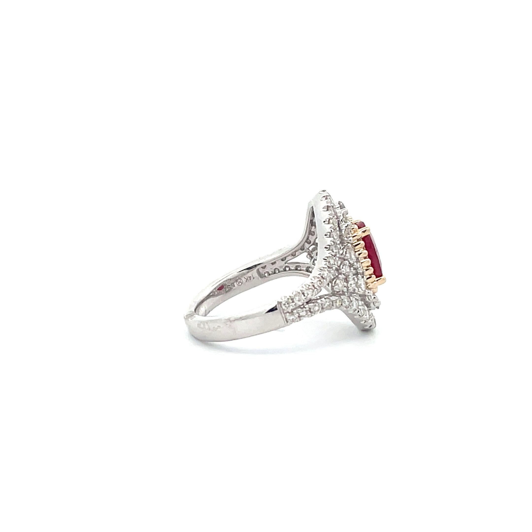 Precious, romantic and truly one of a kind: the stylish engagement ring is handcrafted by a professional artisan in 14K White Gold and Yellow Gold Prongs. The center stone is a 1.40 ct. Ruby from our polished collection to enhance your beauty with