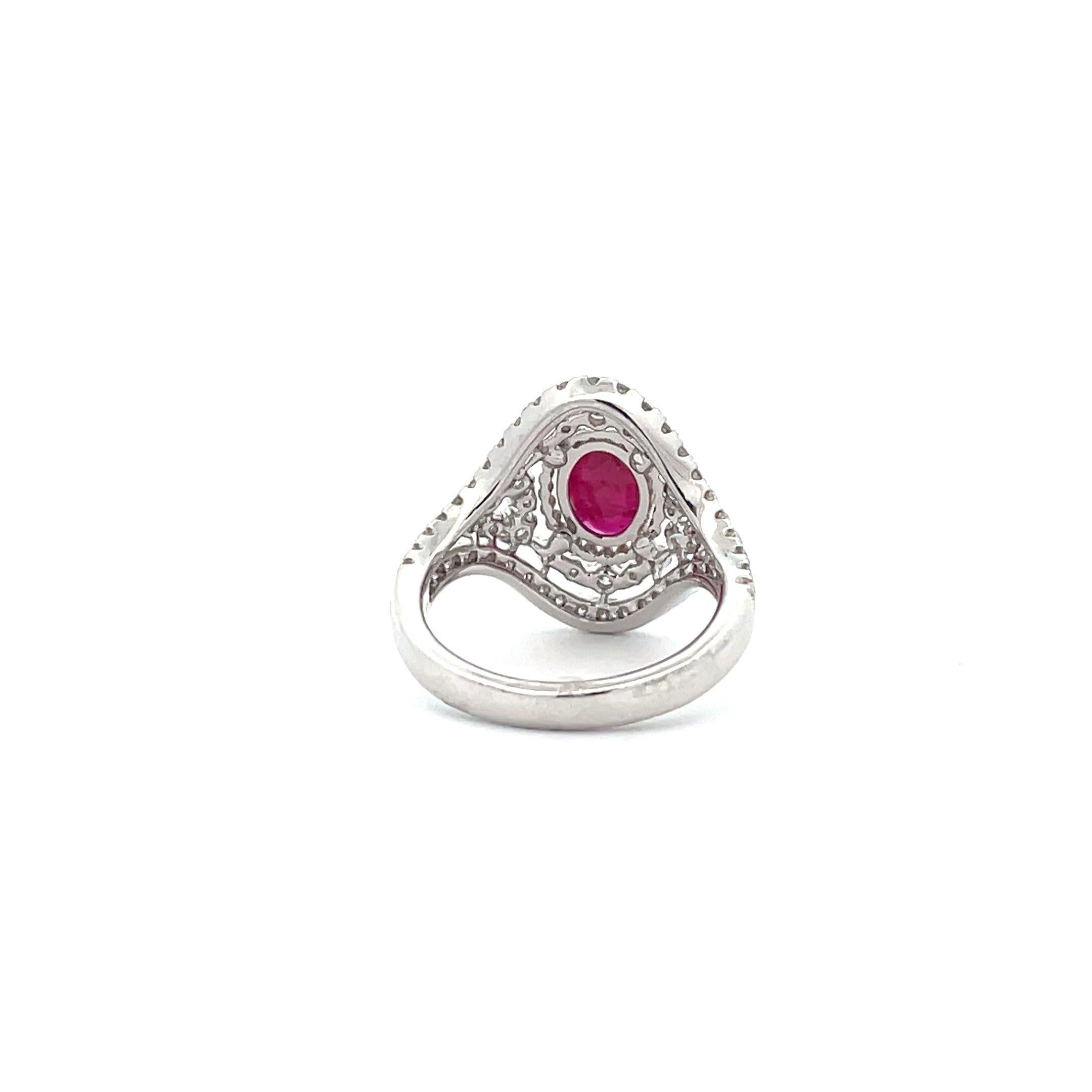Art Deco 1.40 Carat, Oval-Cut Ruby Diamond Cluster Halo Cocktail Engagement Ring