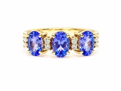 1.40 Ct Tanzanite Three Stone Wedding Ring 14K Gold Tanzanite Diamond Ring