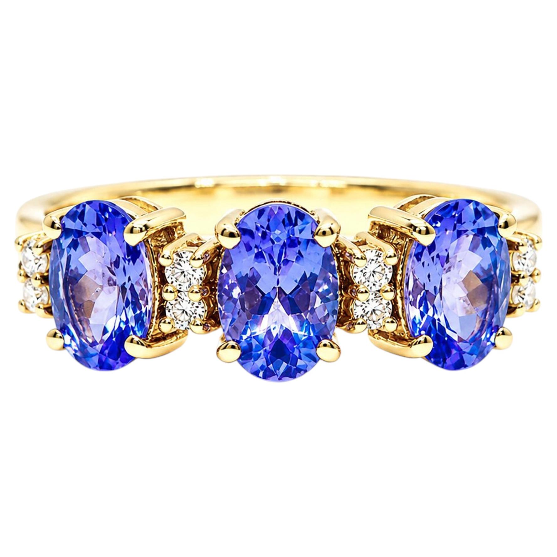 1.40 Ct Tanzanite Three Stone Wedding Ring 14K Gold Tanzanite Diamond Ring