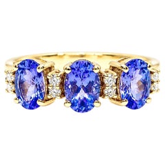1.40 Ct Tanzanite Three Stone Wedding Ring 14K Gold Tanzanite Diamond Ring