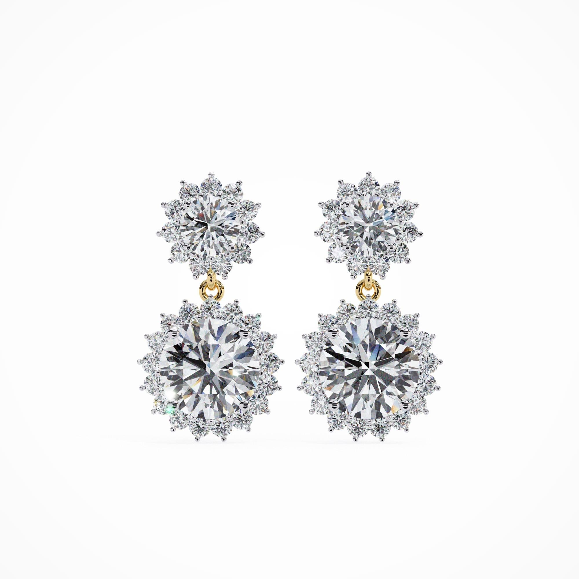 Round Cut 1.40 Ct TW, Diamond Drop Earrings, Flower Motif, Everyday Wear, 14K Gold  For Sale