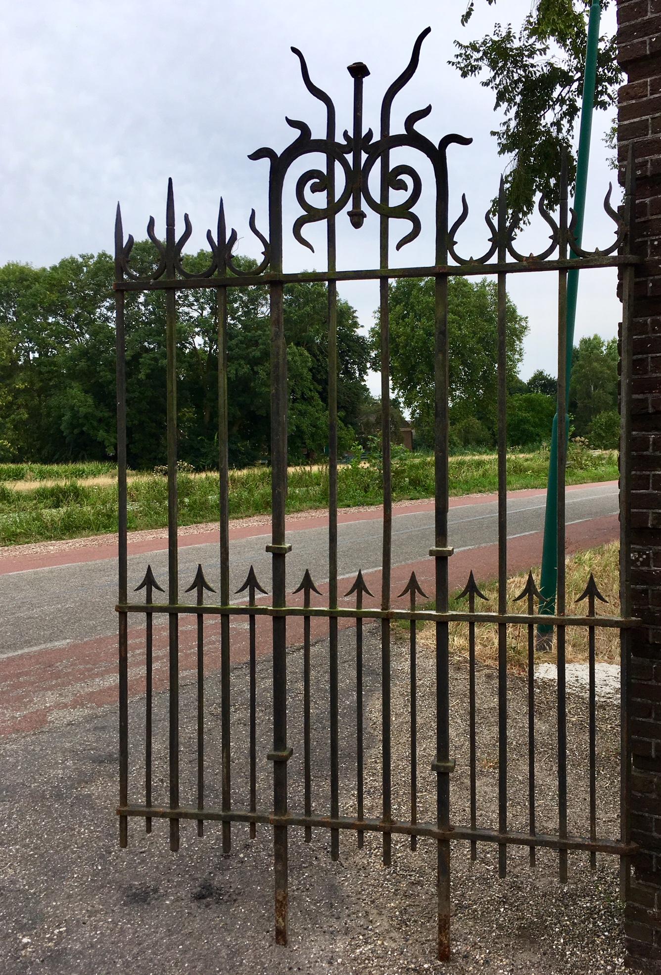 140 meters of antique wrought iron fence from a church in Normandy (France). Manufactured at the end of the 19th or the beginning of the 20th century.
The total lot contains 16 higher fences (257 cm high and 150 cm wide, including the iron parts