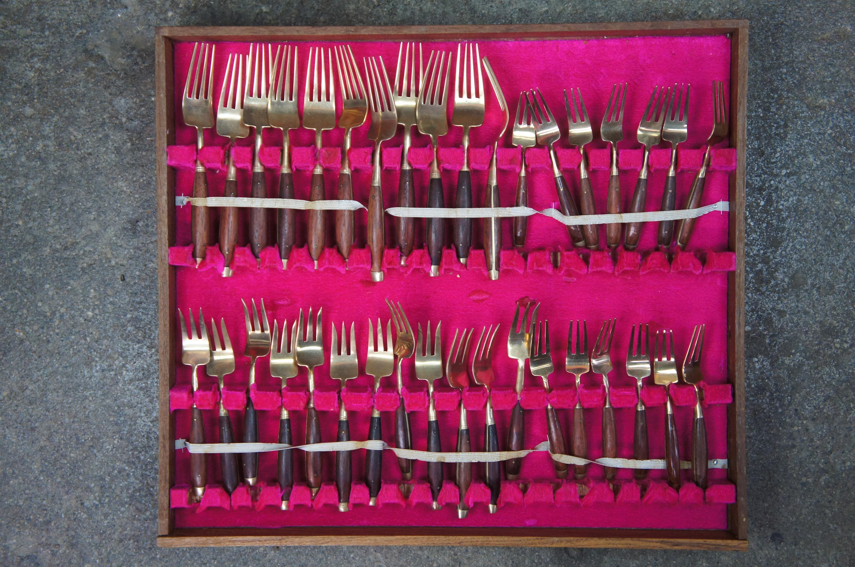Mid-Century Modern 140 Pc Mid Century Modern Thai Brass Rosewood Cutlery Flatware Serving Set & Box