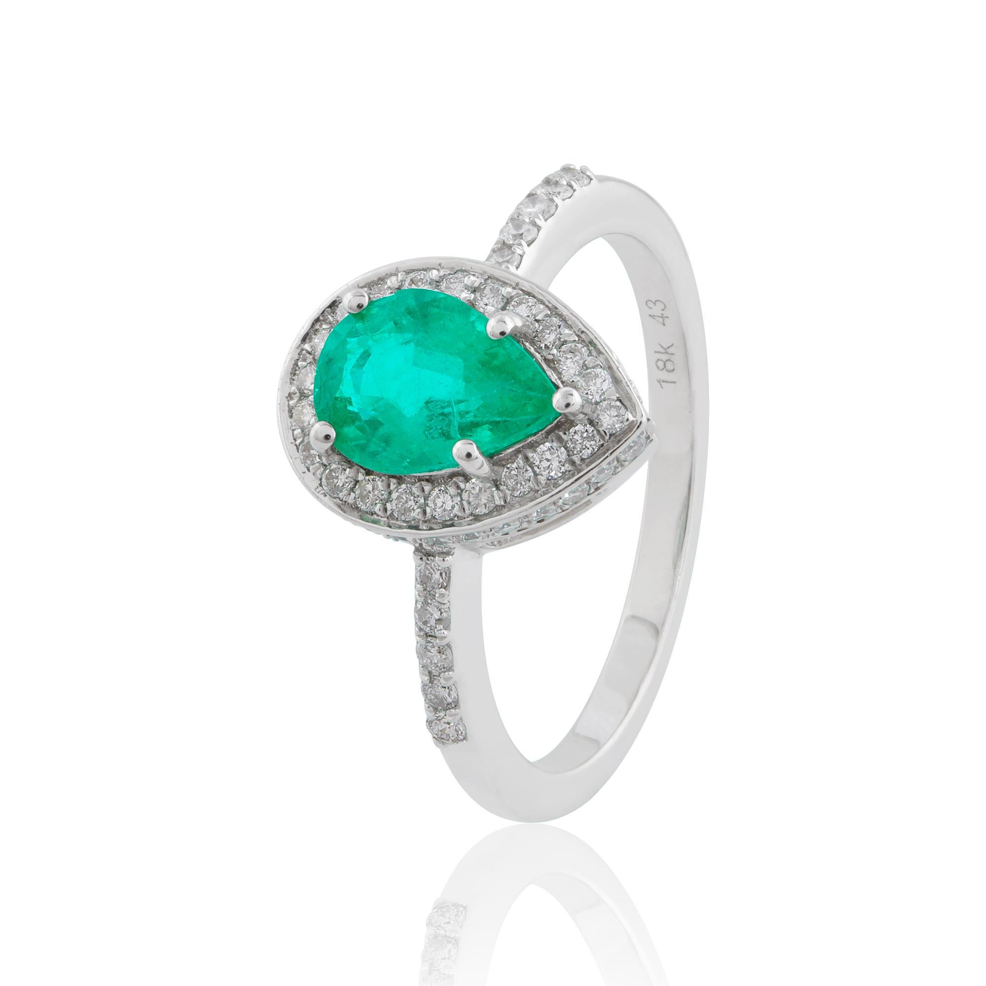Women's 1.40 Tcw Pear Natural Emerald Gemstone Halo Ring Diamond 14k White Gold Jewelry For Sale