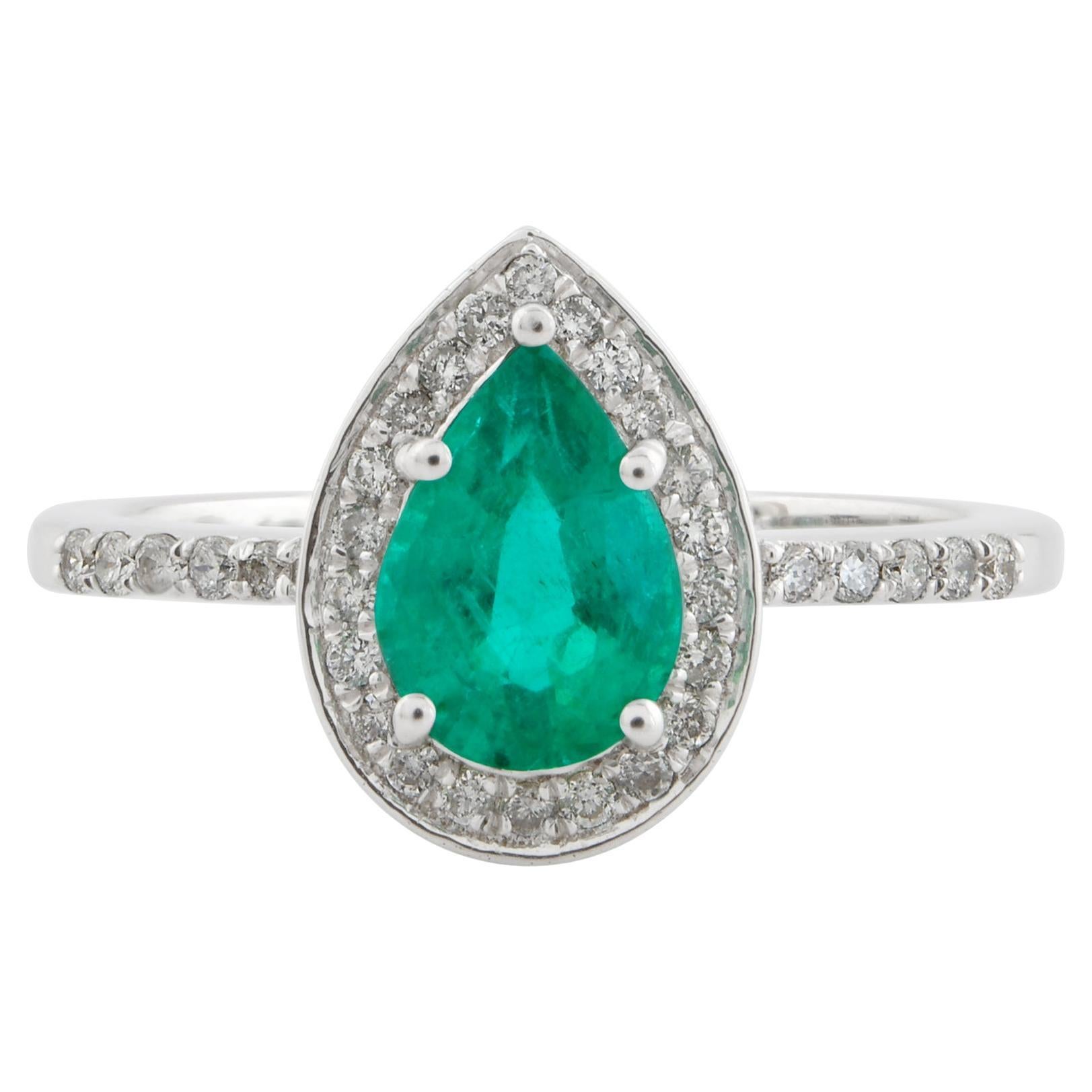 1.40 Tcw Pear Natural Emerald Gemstone Halo Ring Diamond 14k White Gold Jewelry For Sale