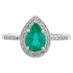 1.40 Tcw Pear Natural Emerald Gemstone Halo Ring Diamond 18k White Gold Jewelry