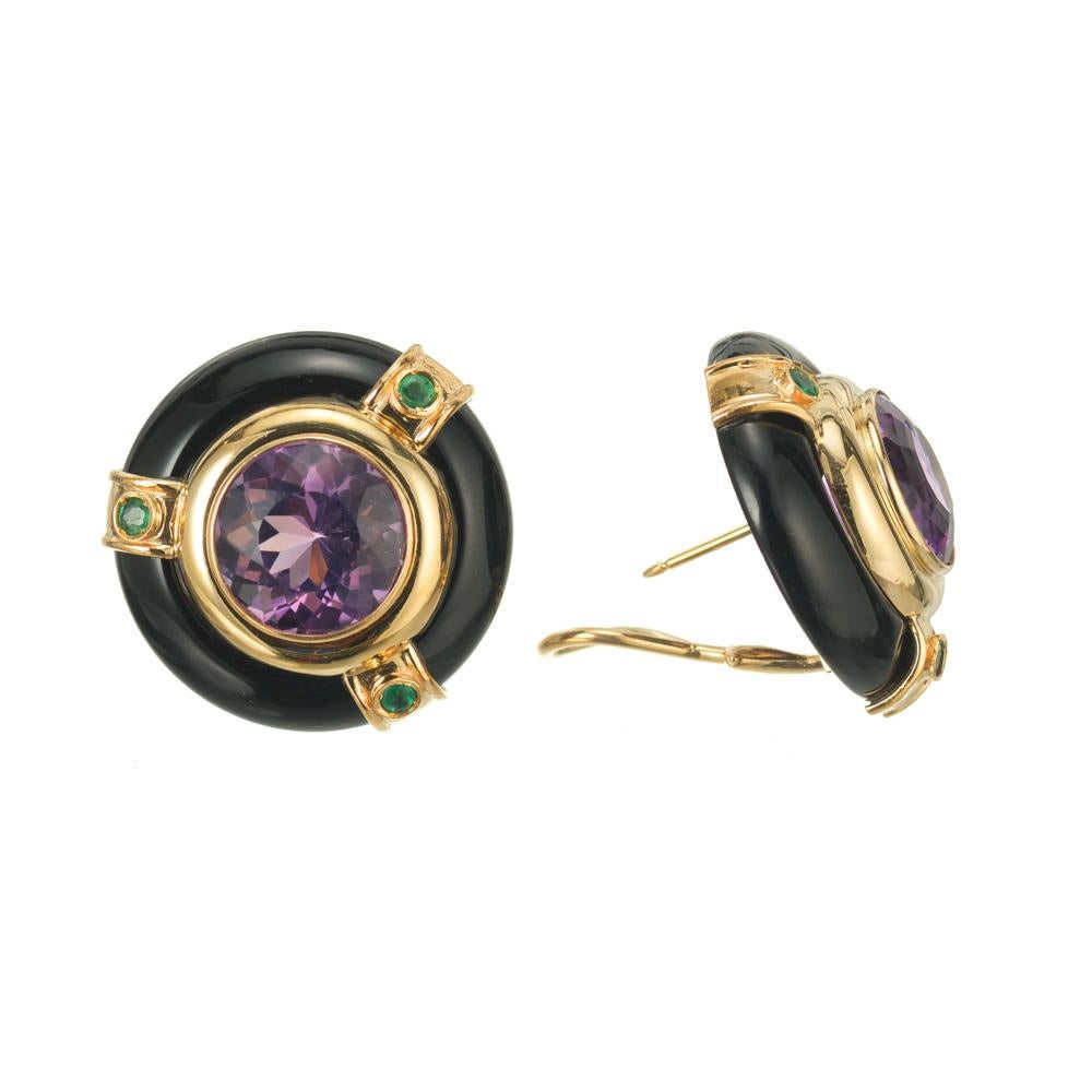 Round Cut 14.00 Carat Amethyst Onyx Emerald Yellow Gold Clip Post Earrings  For Sale