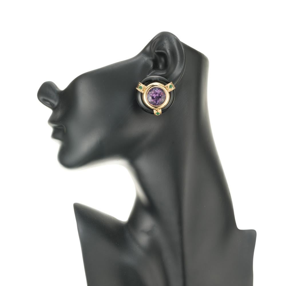 14.00 Carat Amethyst Onyx Emerald Yellow Gold Clip Post Earrings  For Sale 2