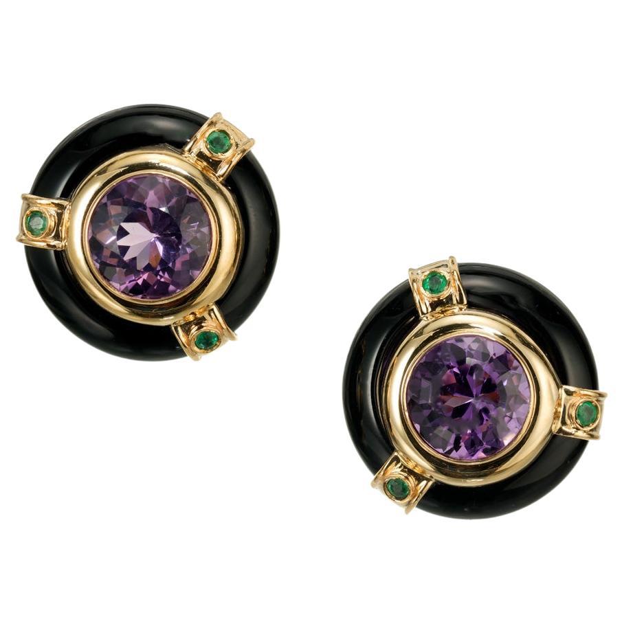 14.00 Carat Amethyst Onyx Emerald Yellow Gold Clip Post Earrings  For Sale