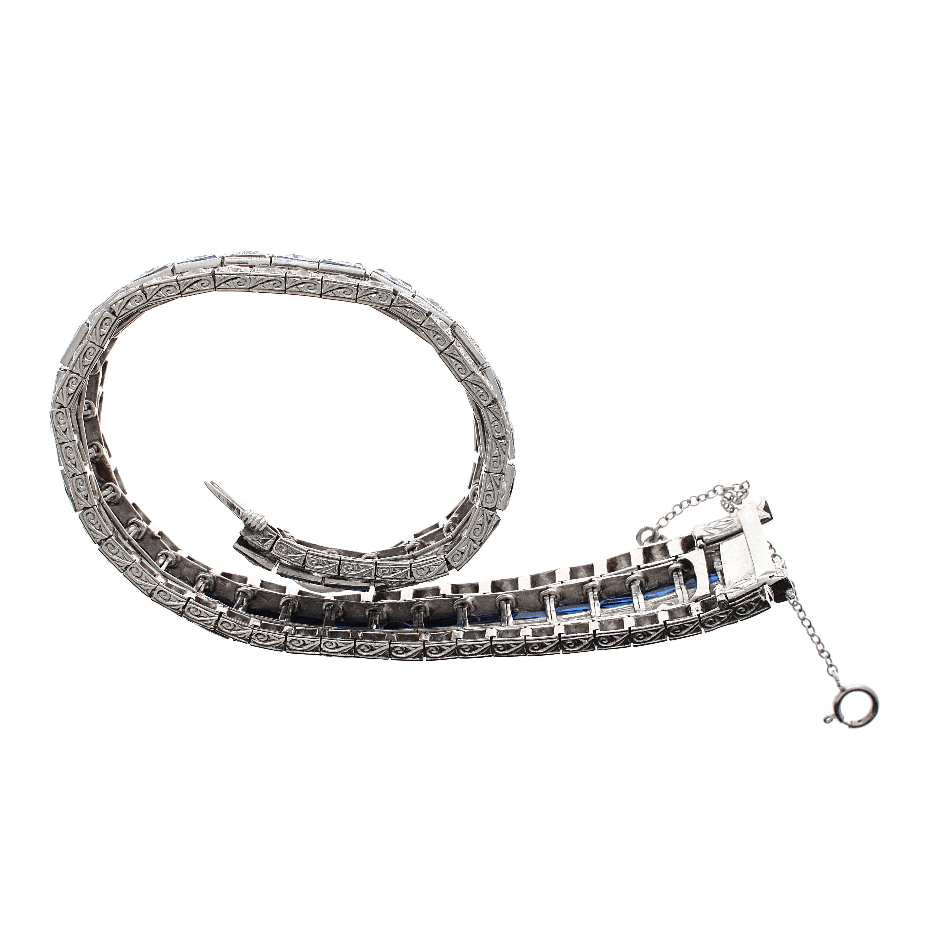 Round Cut 14.00 Carat Diamond and Sapphire Art Deco Tennis Bracelet