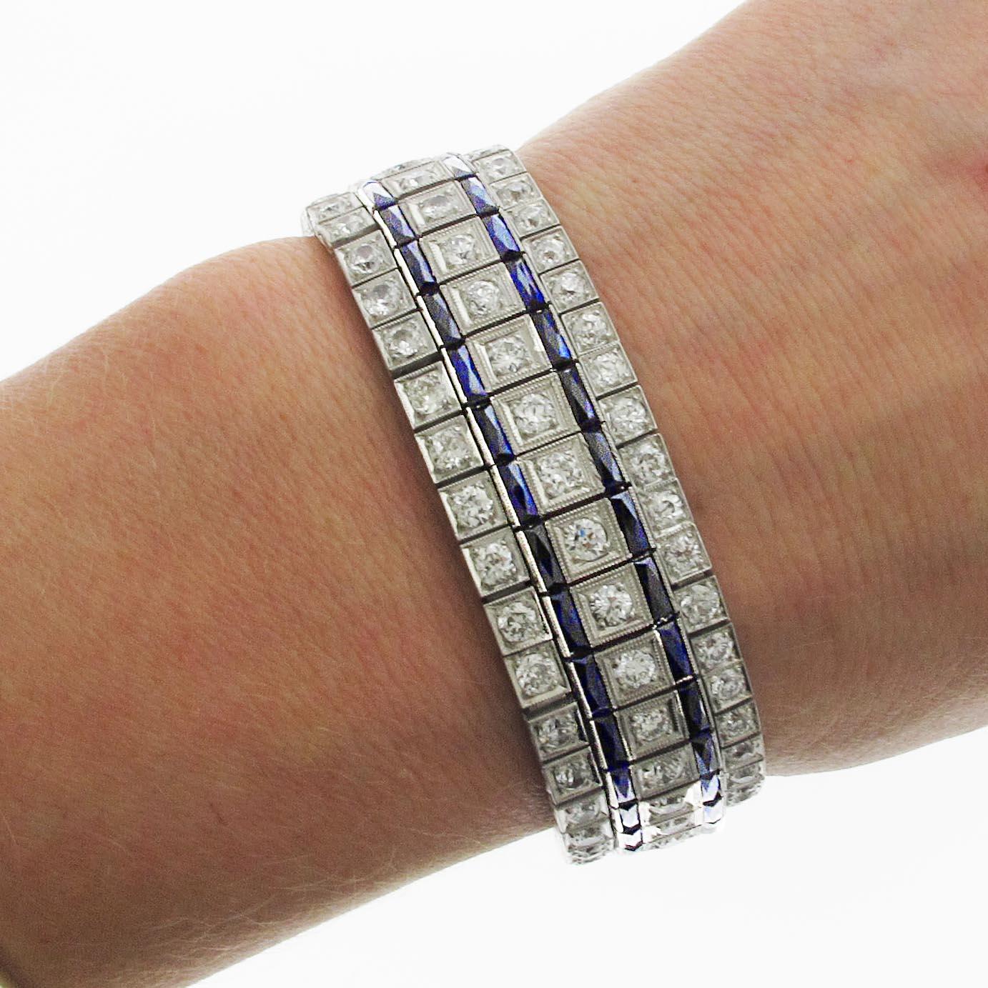 14.00 Carat Diamond and Sapphire Art Deco Tennis Bracelet In Excellent Condition In Beverly Hills, CA
