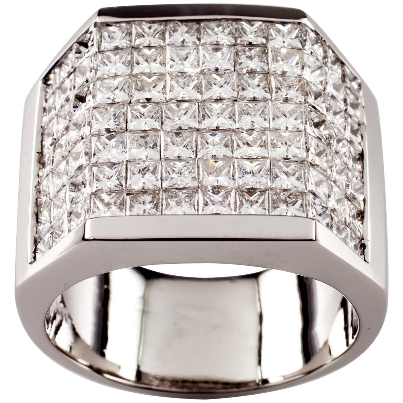 14.00 Carat Invisible Setting Diamond 18 Karat White Gold Men's Plaque Ring For Sale