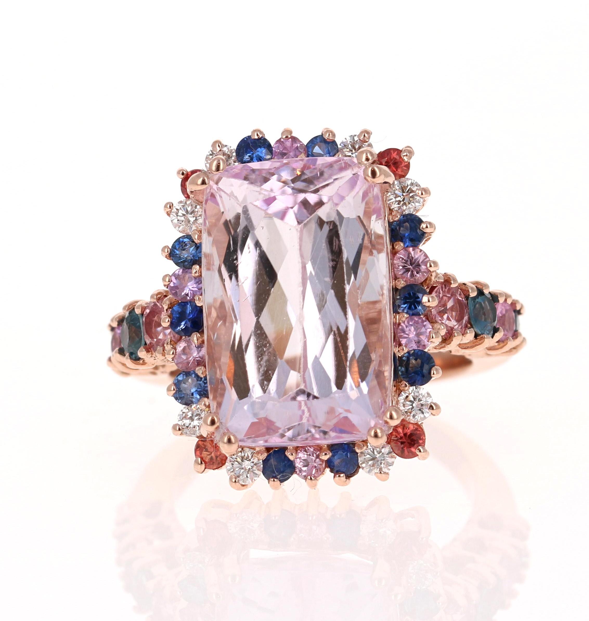 Candy Crush on your Finger!! 

This beautiful ring has a huge Emerald-Cushion Cut 11.87 Carat Kunzite that is set in the center of the ring and is surrounded by 32 Round Cut Multi-Colored Natural Sapphires that weigh 2.13 Carats. This gorgeous ring