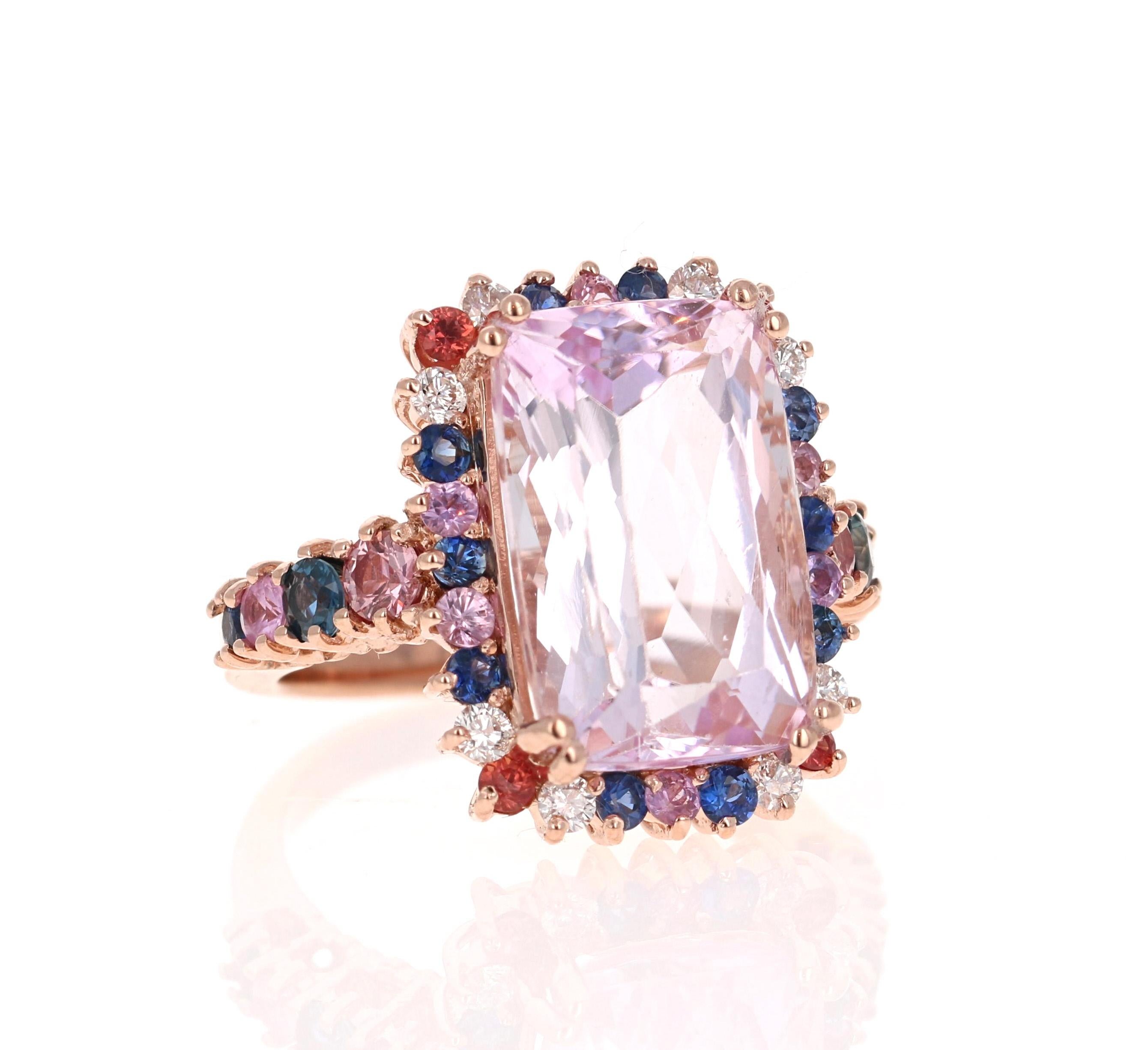 Modern 14.00 Carat Kunzite, Sapphire and Diamond 14 Karat Rose Gold Cocktail Ring