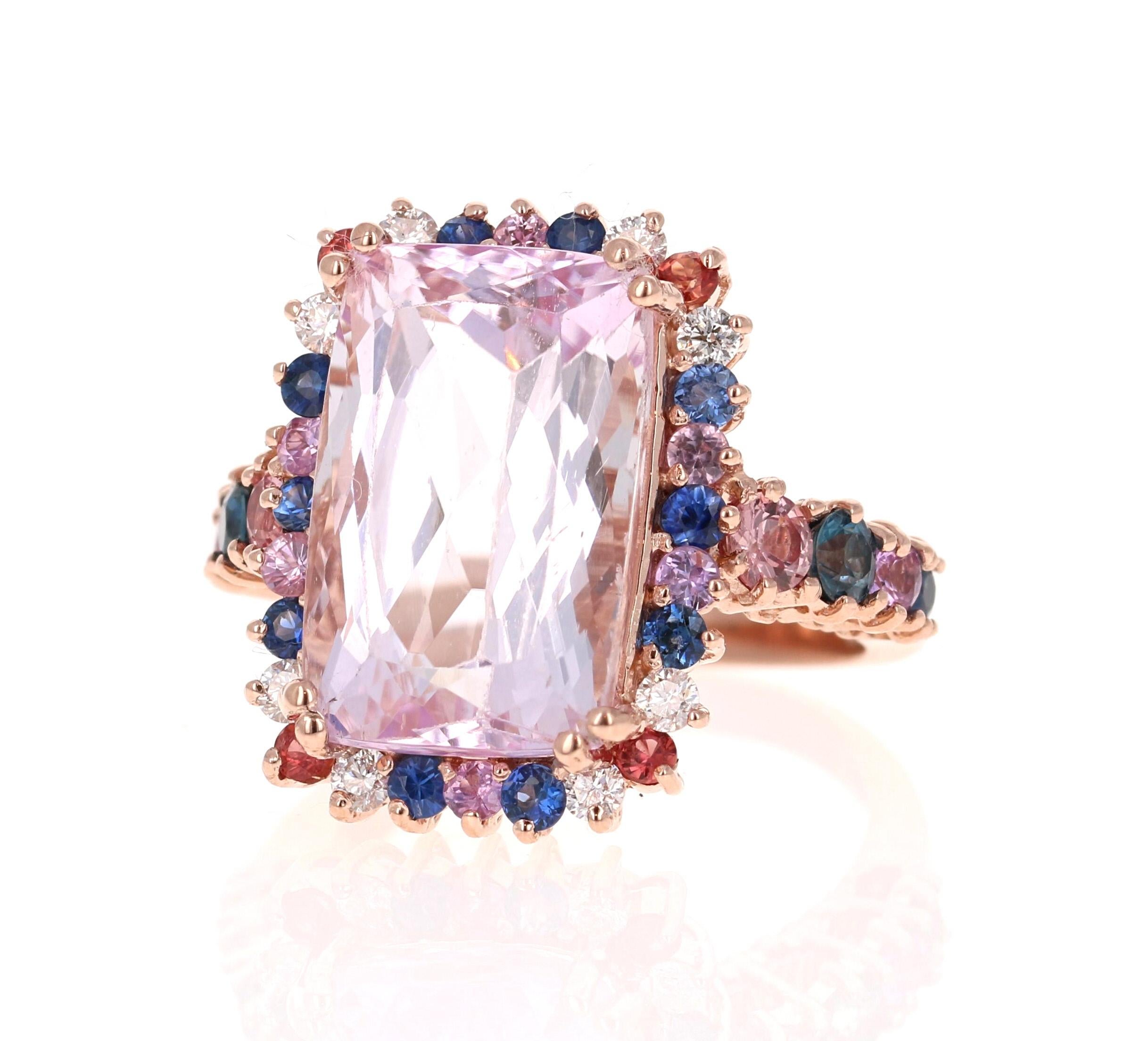 Cushion Cut 14.00 Carat Kunzite, Sapphire and Diamond 14 Karat Rose Gold Cocktail Ring