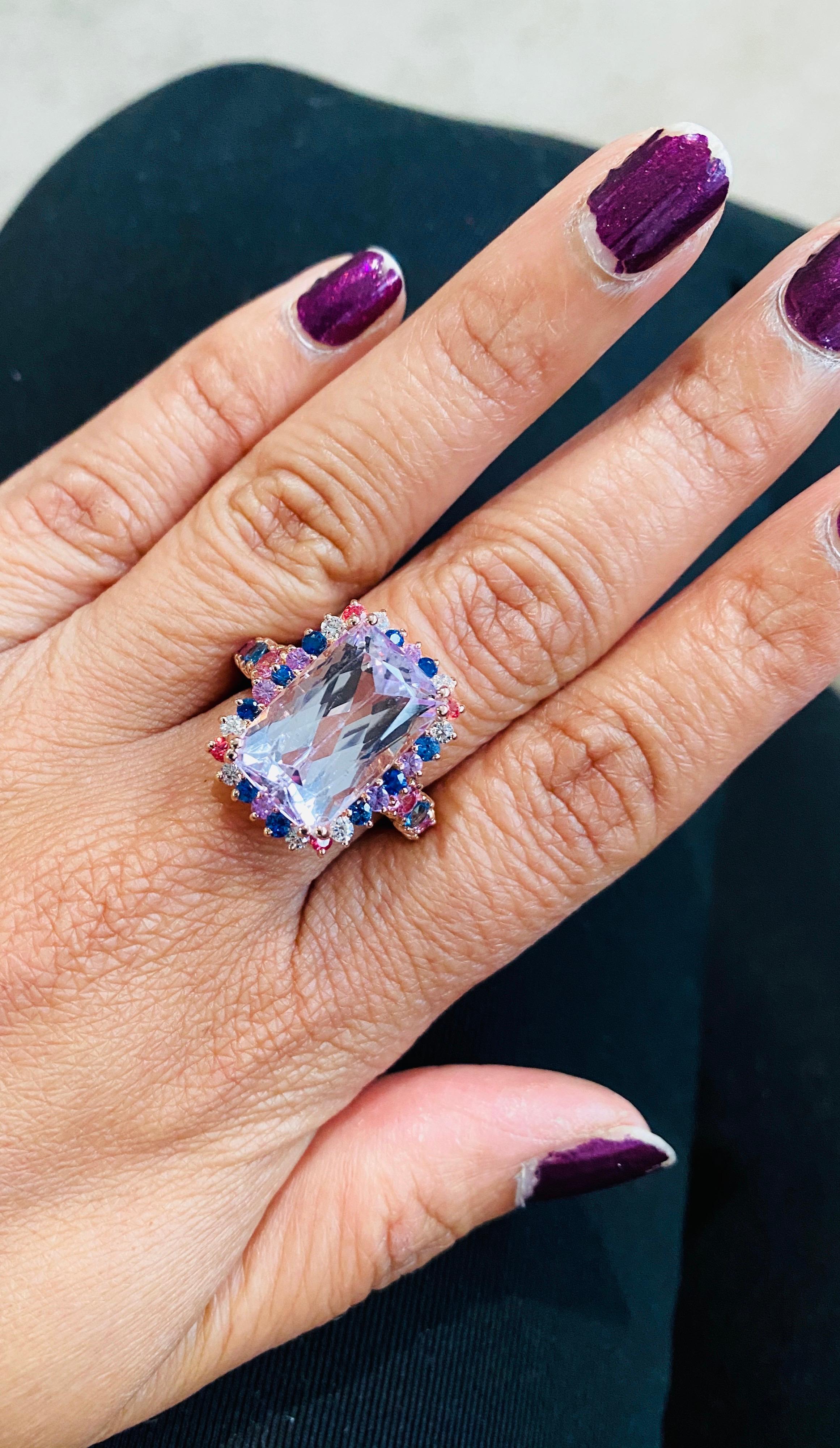 14.00 Carat Kunzite, Sapphire and Diamond 14 Karat Rose Gold Cocktail Ring In New Condition In Los Angeles, CA