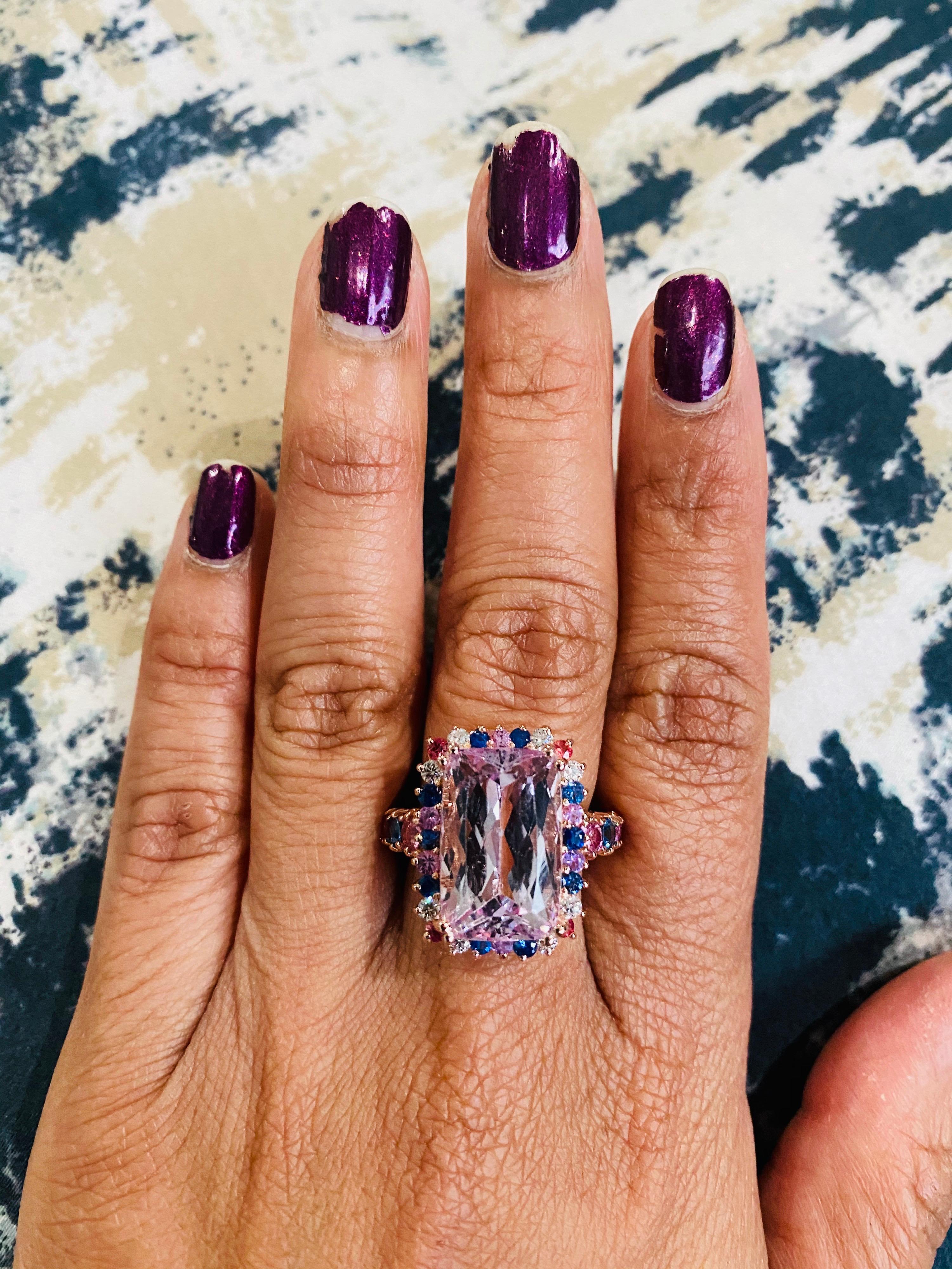Women's 14.00 Carat Kunzite, Sapphire and Diamond 14 Karat Rose Gold Cocktail Ring