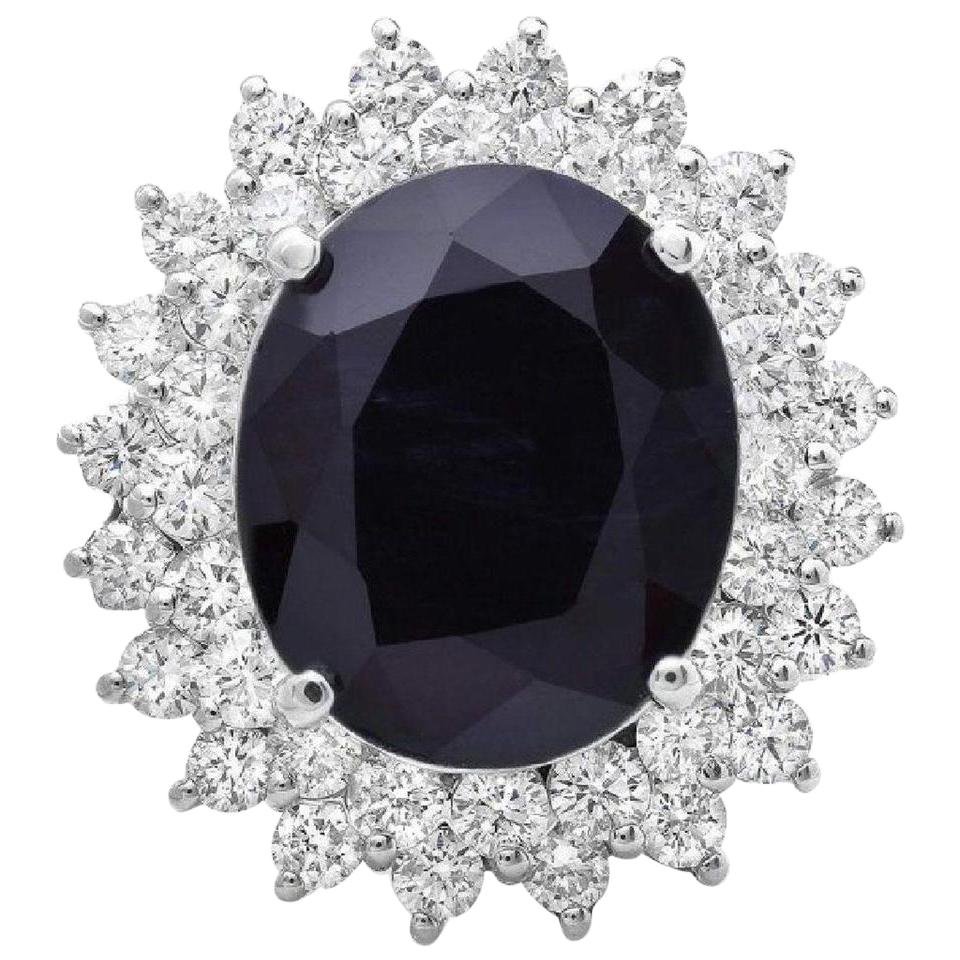Anillo de oro blanco macizo de 14,00 quilates de zafiro natural y diamantes